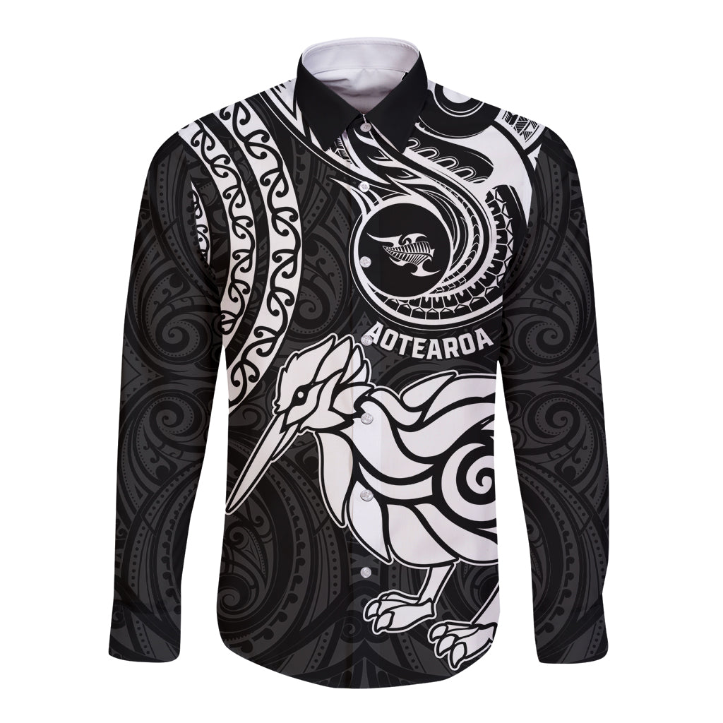 New Zealand Long Sleeve Button Shirt Stylized Kiwi Bird Tattoo Mix Koru Circle and Maori Ethnic Vibe LT03 Unisex Black - Polynesian Pride