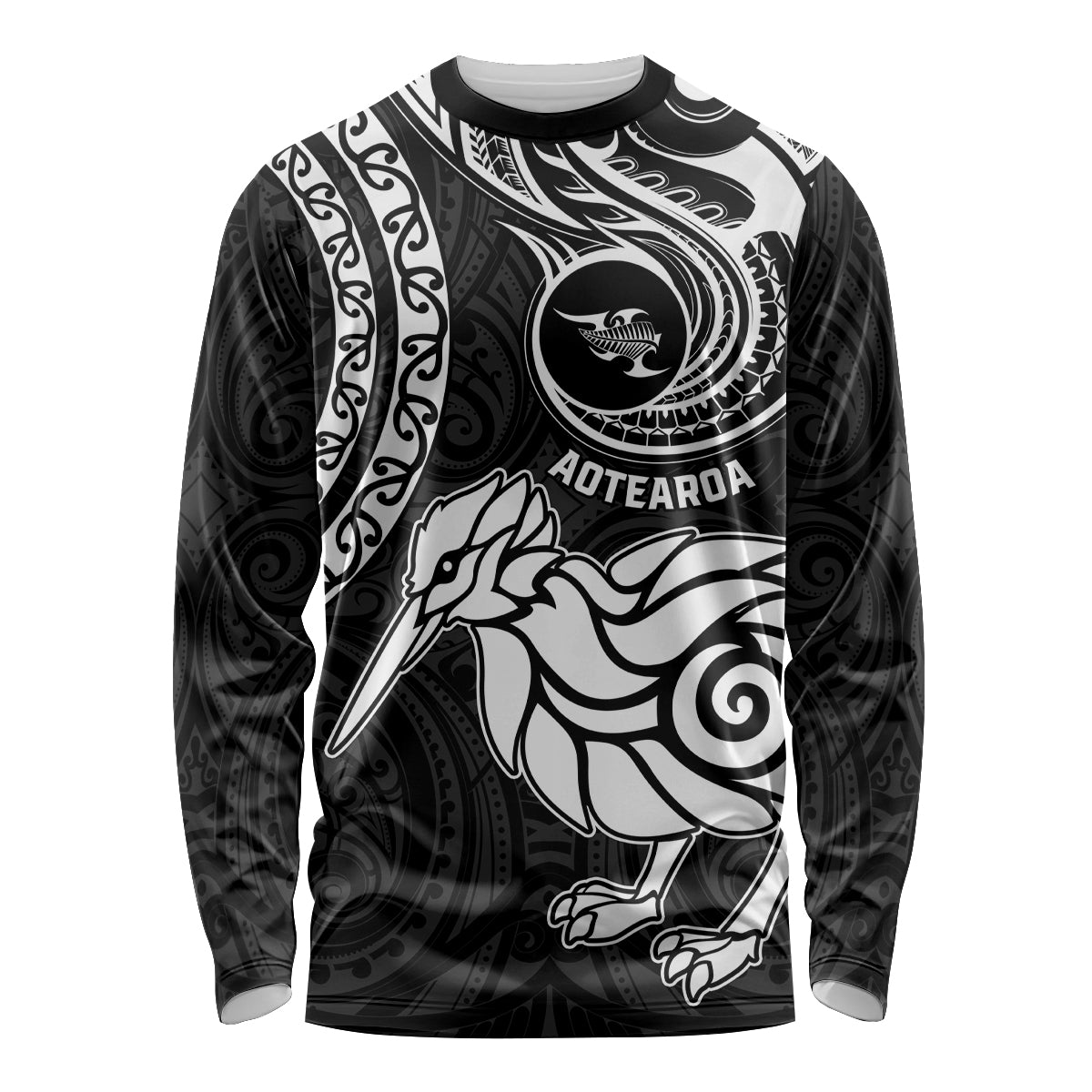 New Zealand Long Sleeve Shirt Stylized Kiwi Bird Tattoo Mix Koru Circle and Maori Ethnic Vibe LT03 Unisex Black - Polynesian Pride