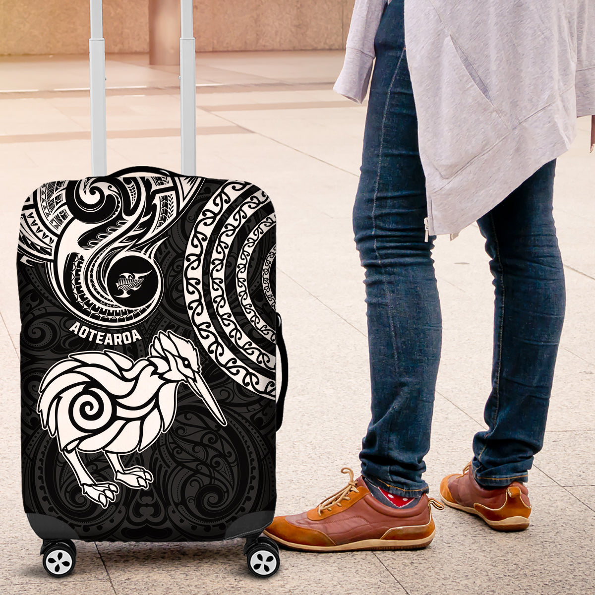 New Zealand Luggage Cover Stylized Kiwi Bird Tattoo Mix Koru Circle and Maori Ethnic Vibe LT03 Black - Polynesian Pride