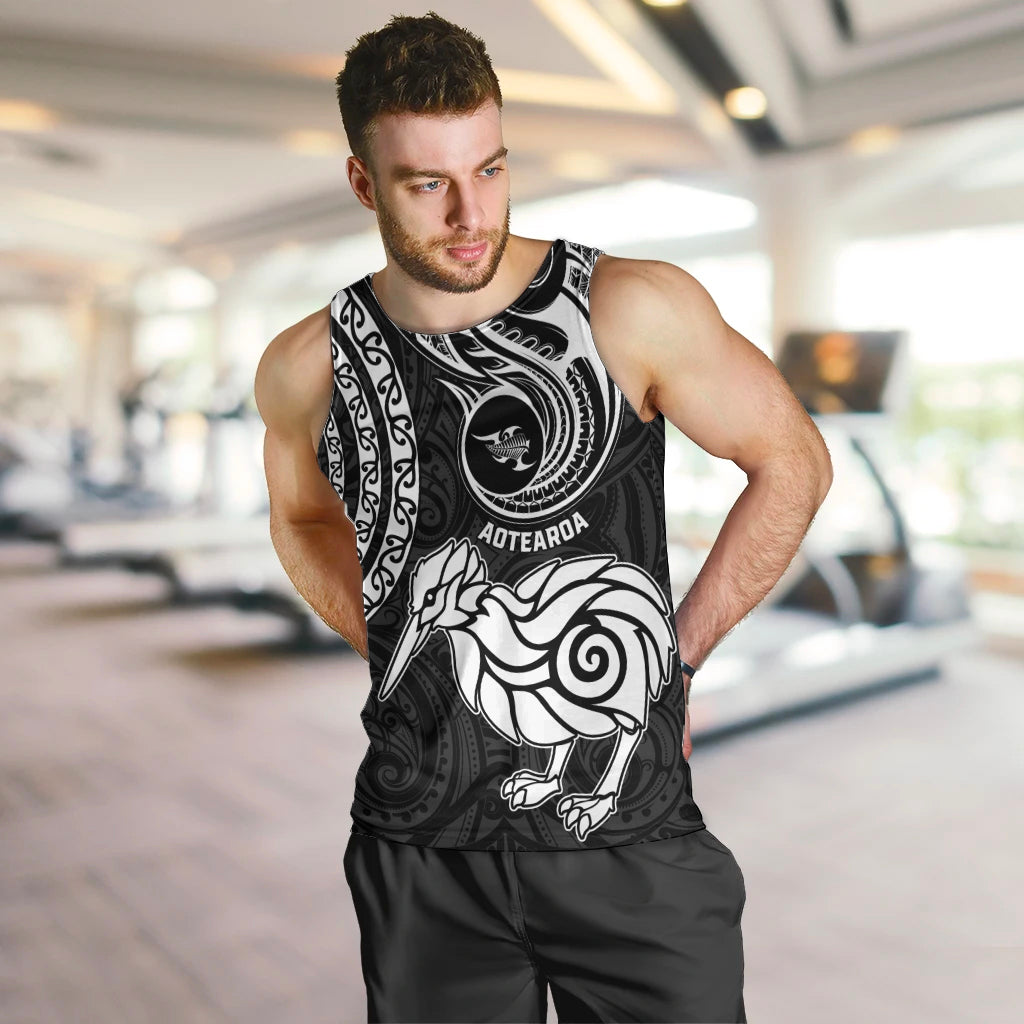 New Zealand Men Tank Top Stylized Kiwi Bird Tattoo Mix Koru Circle and Maori Ethnic Vibe LT03 Black - Polynesian Pride