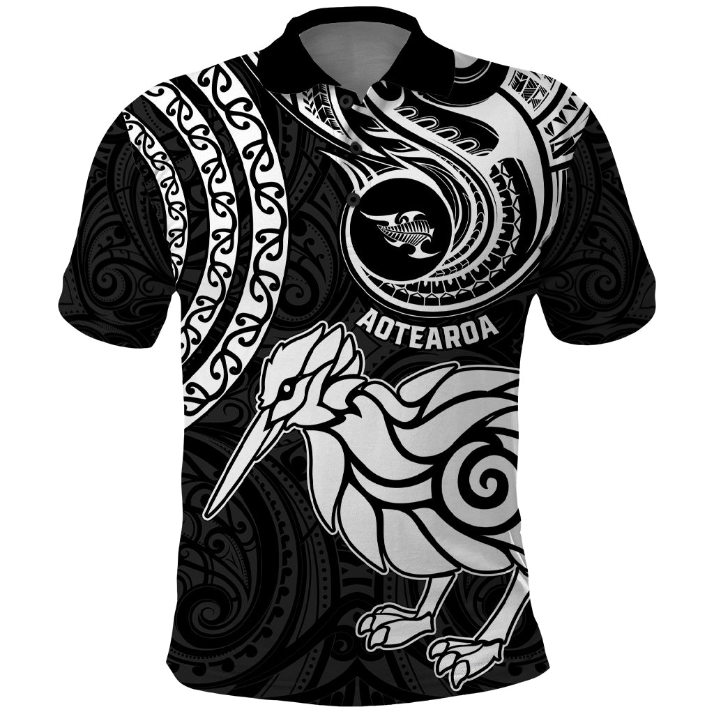 New Zealand Polo Shirt Stylized Kiwi Bird Tattoo Mix Koru Circle and Maori Ethnic Vibe LT03 Black - Polynesian Pride