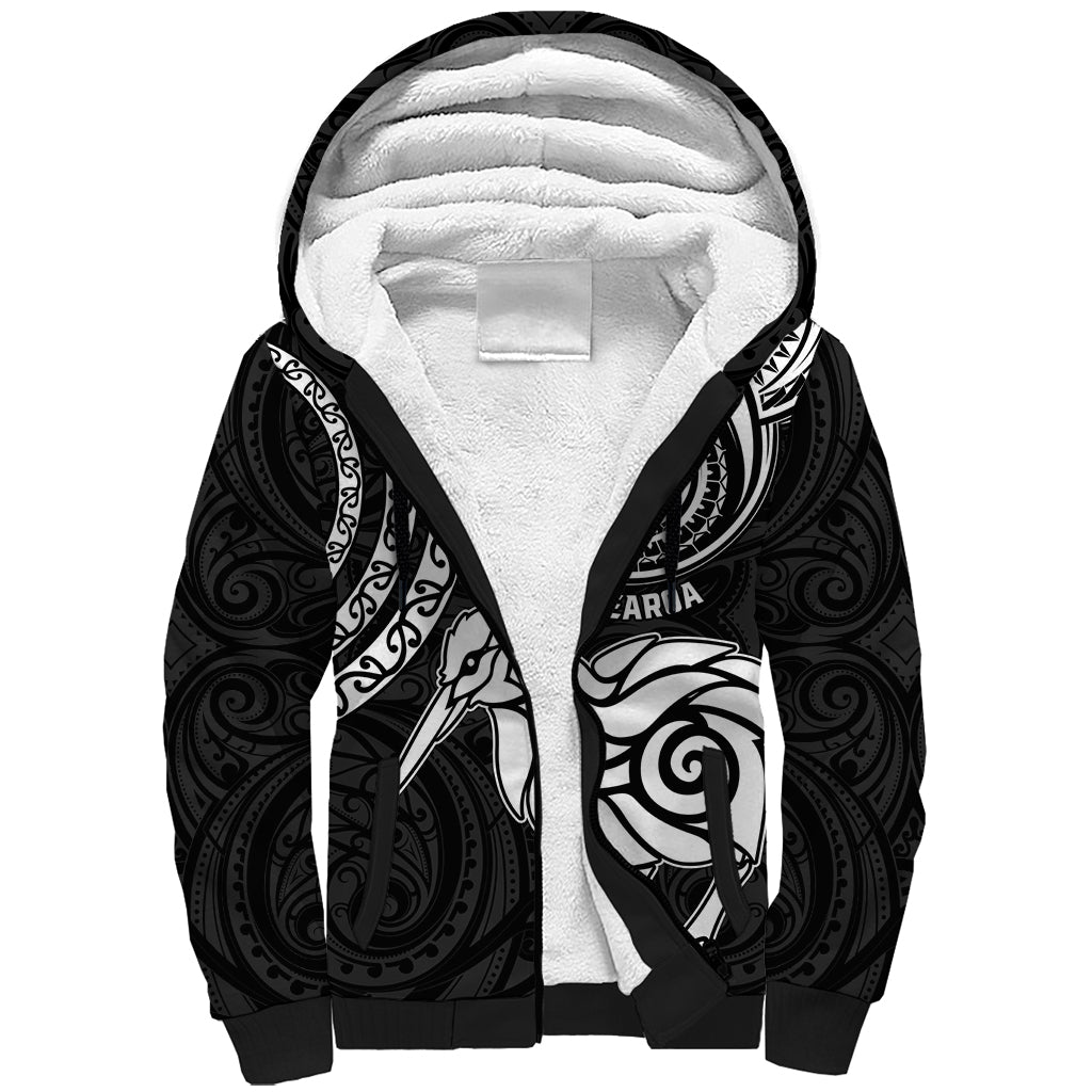 New Zealand Sherpa Hoodie Stylized Kiwi Bird Tattoo Mix Koru Circle and Maori Ethnic Vibe LT03 Unisex Black - Polynesian Pride