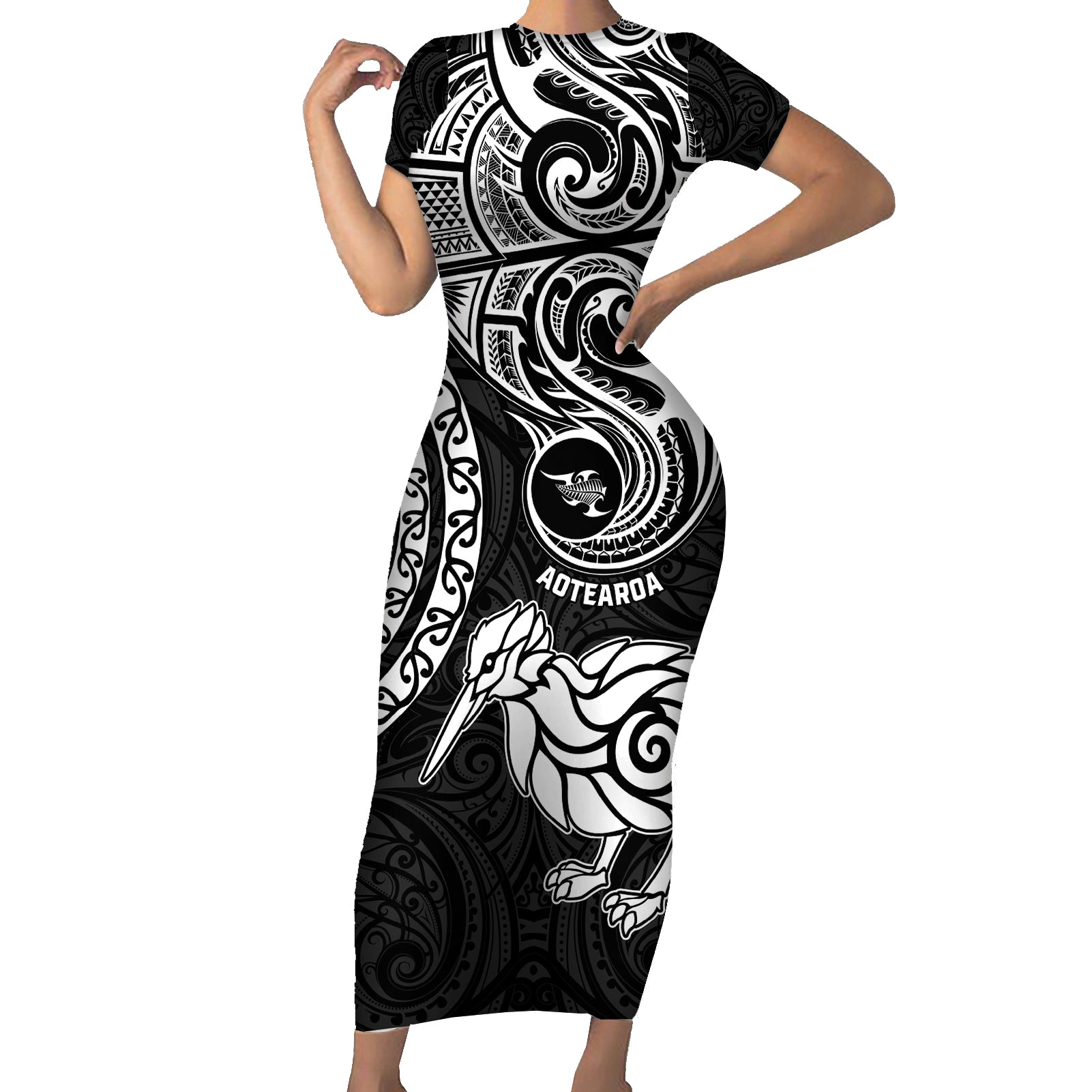 New Zealand Short Sleeve Bodycon Dress Stylized Kiwi Bird Tattoo Mix Koru Circle and Maori Ethnic Vibe LT03 Long Dress Black - Polynesian Pride