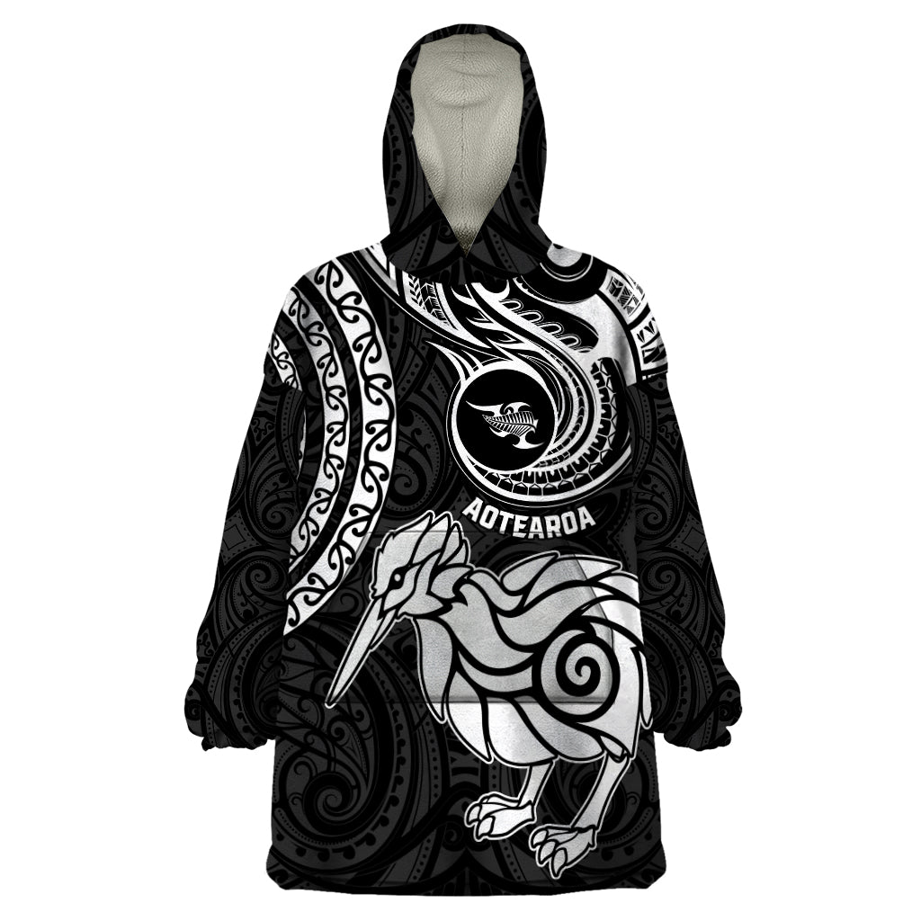 New Zealand Wearable Blanket Hoodie Stylized Kiwi Bird Tattoo Mix Koru Circle and Maori Ethnic Vibe LT03 One Size Black - Polynesian Pride