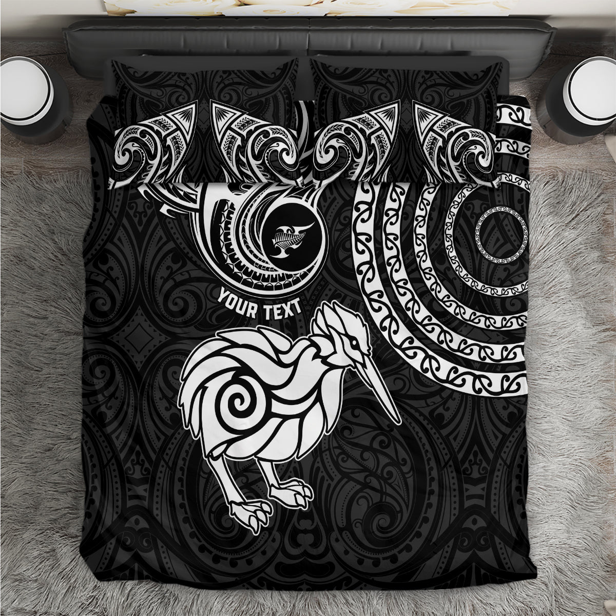 Personalised New Zealand Bedding Set Stylized Kiwi Bird Tattoo Mix Koru Circle and Maori Ethnic Vibe LT03 Black - Polynesian Pride