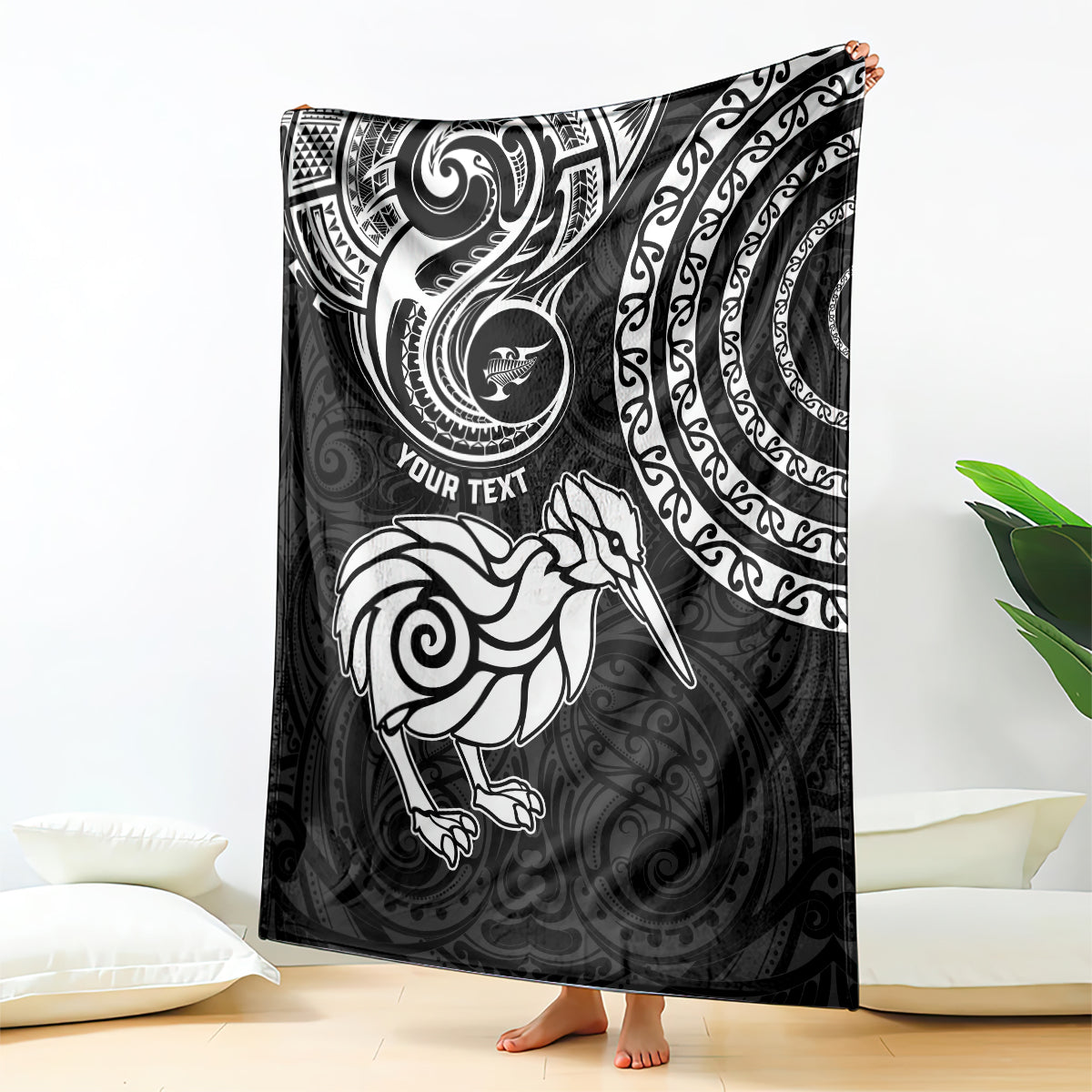 Personalised New Zealand Blanket Stylized Kiwi Bird Tattoo Mix Koru Circle and Maori Ethnic Vibe LT03 Black - Polynesian Pride