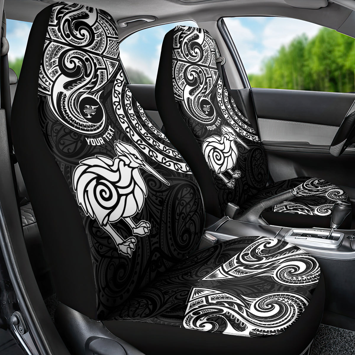 Personalised New Zealand Car Seat Cover Stylized Kiwi Bird Tattoo Mix Koru Circle and Maori Ethnic Vibe LT03 - Polynesian Pride