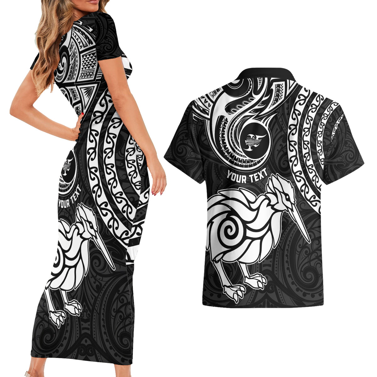 Personalised New Zealand Couples Matching Short Sleeve Bodycon Dress and Hawaiian Shirt Stylized Kiwi Bird Tattoo Mix Koru Circle and Maori Ethnic Vibe LT03 - Polynesian Pride