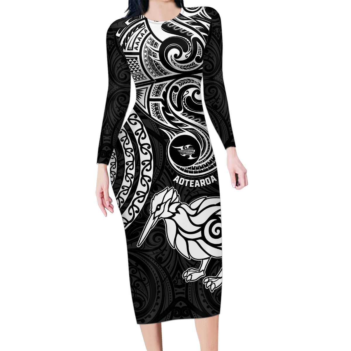 Personalised New Zealand Family Matching Long Sleeve Bodycon Dress and Hawaiian Shirt Stylized Kiwi Bird Tattoo Mix Koru Circle and Maori Ethnic Vibe LT03 Mom's Dress Black - Polynesian Pride