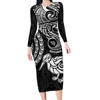 Personalised New Zealand Family Matching Long Sleeve Bodycon Dress and Hawaiian Shirt Stylized Kiwi Bird Tattoo Mix Koru Circle and Maori Ethnic Vibe LT03 Mom's Dress Black - Polynesian Pride