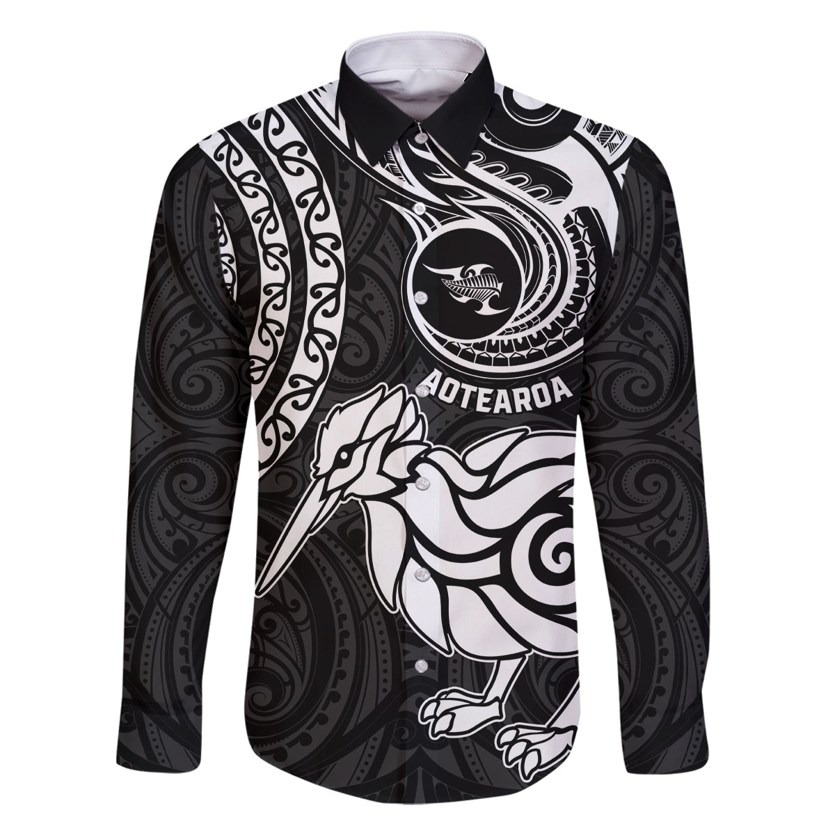 Personalised New Zealand Family Matching Summer Maxi Dress and Hawaiian Shirt Stylized Kiwi Bird Tattoo Mix Koru Circle and Maori Ethnic Vibe LT03 Dad's Shirt - Long Sleeve Black - Polynesian Pride