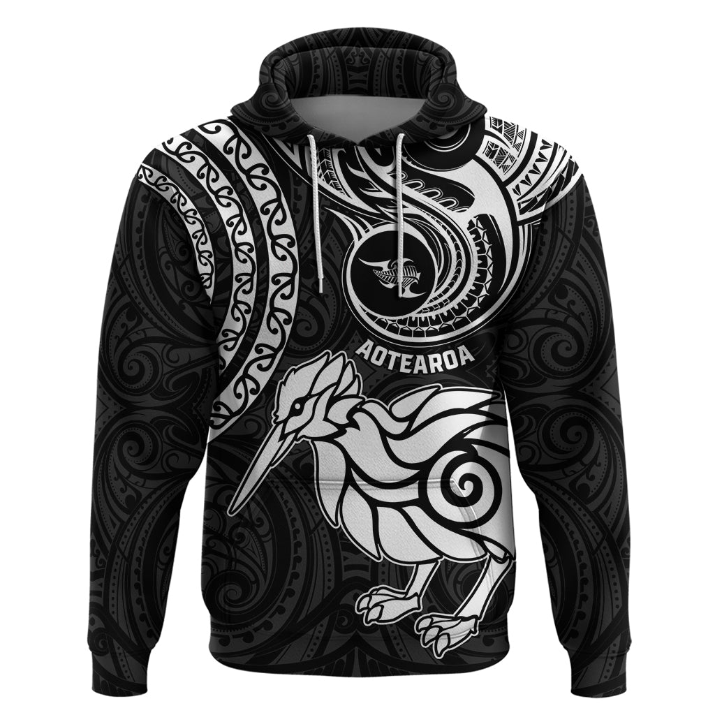 Personalised New Zealand Hoodie Stylized Kiwi Bird Tattoo Mix Koru Circle and Maori Ethnic Vibe LT03 Black - Polynesian Pride