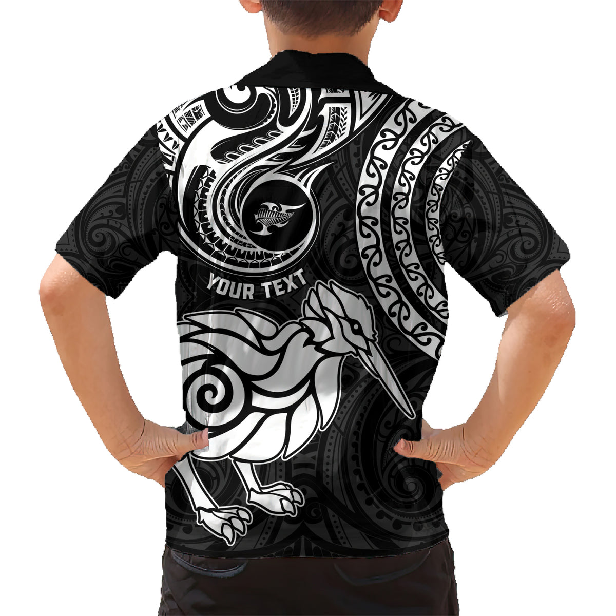 Personalised New Zealand Kid Hawaiian Shirt Stylized Kiwi Bird Tattoo Mix Koru Circle and Maori Ethnic Vibe LT03 - Polynesian Pride
