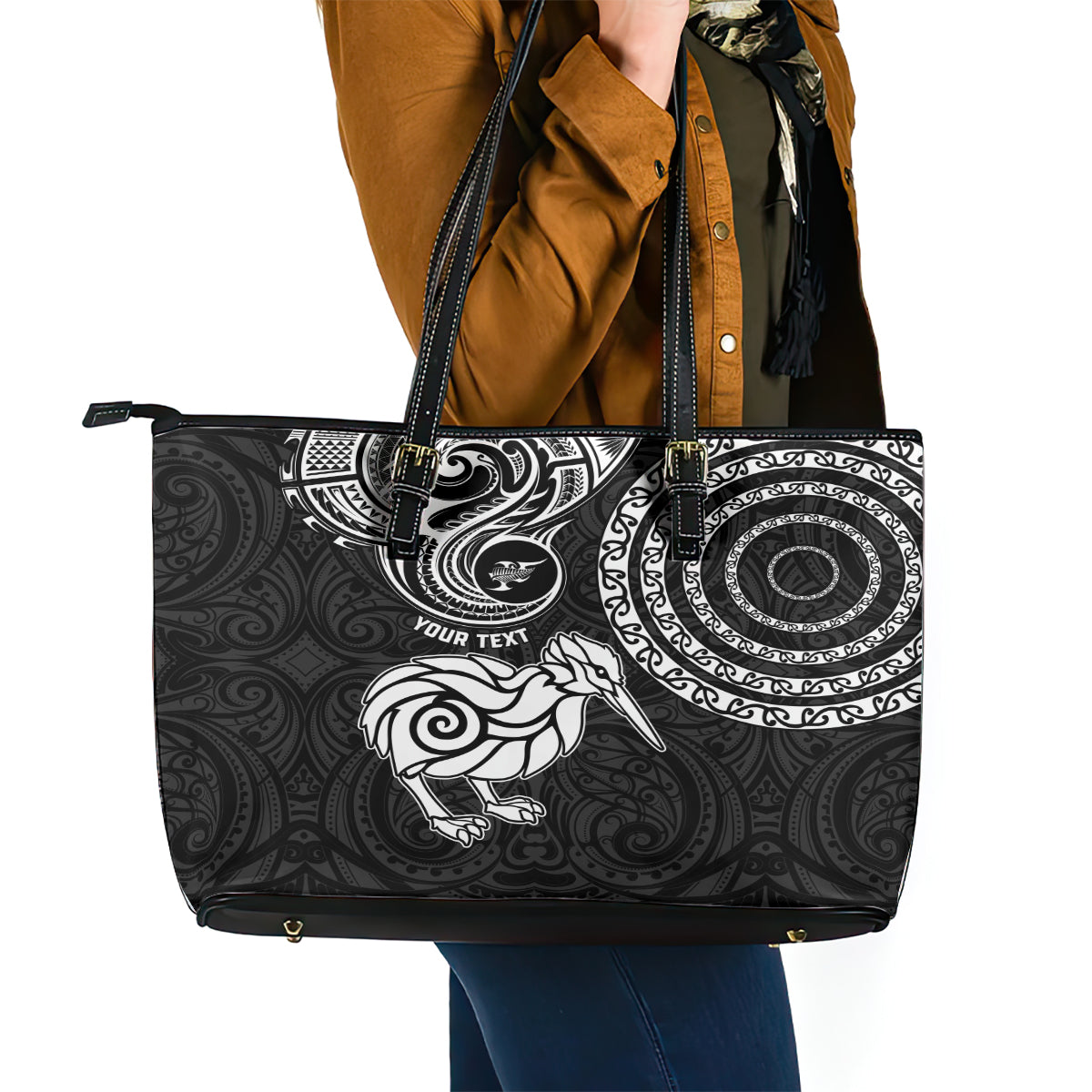 Personalised New Zealand Leather Tote Bag Stylized Kiwi Bird Tattoo Mix Koru Circle and Maori Ethnic Vibe LT03 - Polynesian Pride