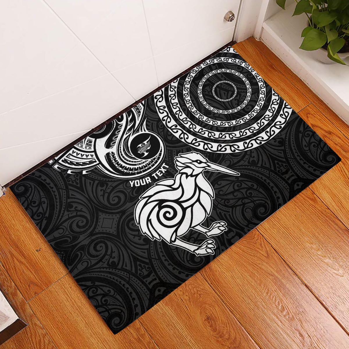 Personalised New Zealand Rubber Doormat Stylized Kiwi Bird Tattoo Mix Koru Circle and Maori Ethnic Vibe LT03 Black - Polynesian Pride