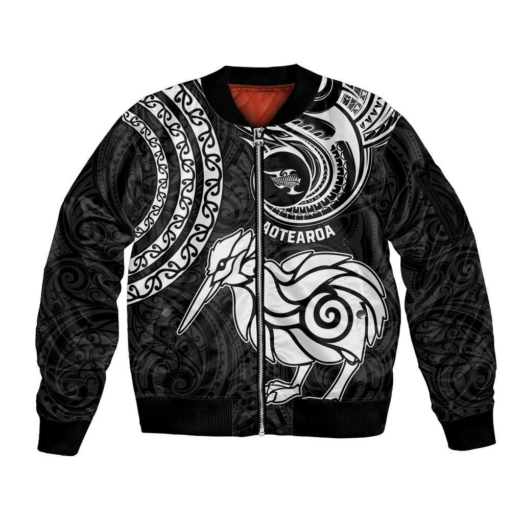 Personalised New Zealand Sleeve Zip Bomber Jacket Stylized Kiwi Bird Tattoo Mix Koru Circle and Maori Ethnic Vibe LT03 Unisex Black - Polynesian Pride