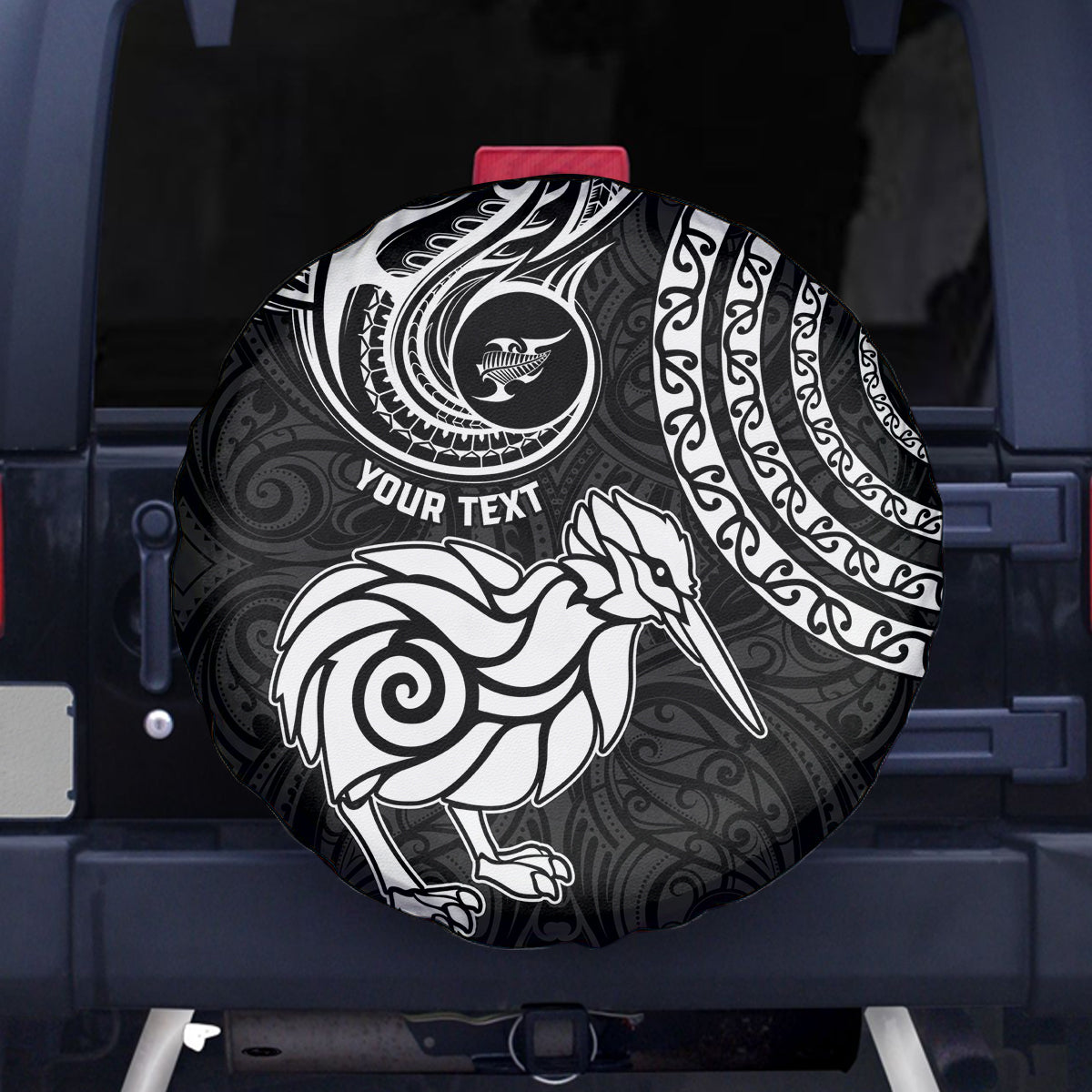 Personalised New Zealand Spare Tire Cover Stylized Kiwi Bird Tattoo Mix Koru Circle and Maori Ethnic Vibe LT03 Black - Polynesian Pride