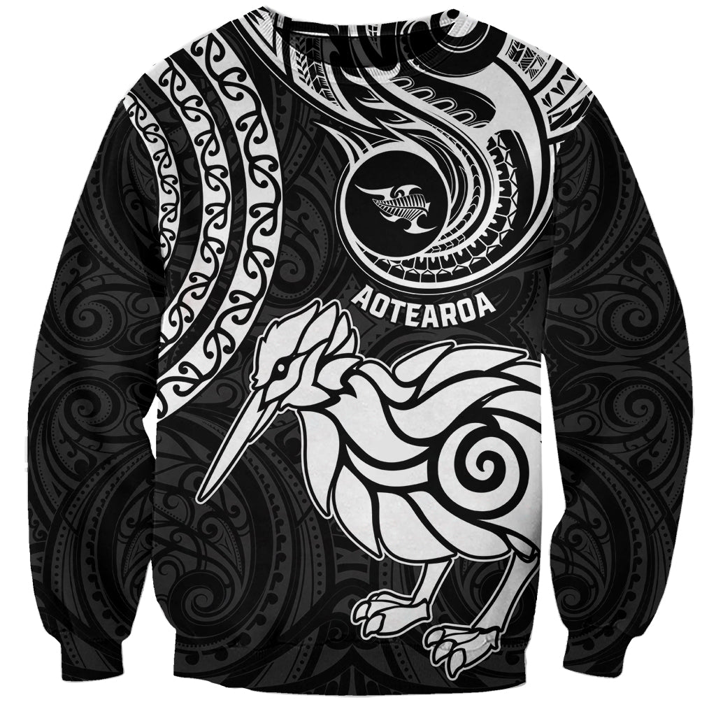 Personalised New Zealand Sweatshirt Stylized Kiwi Bird Tattoo Mix Koru Circle and Maori Ethnic Vibe LT03 Unisex Black - Polynesian Pride