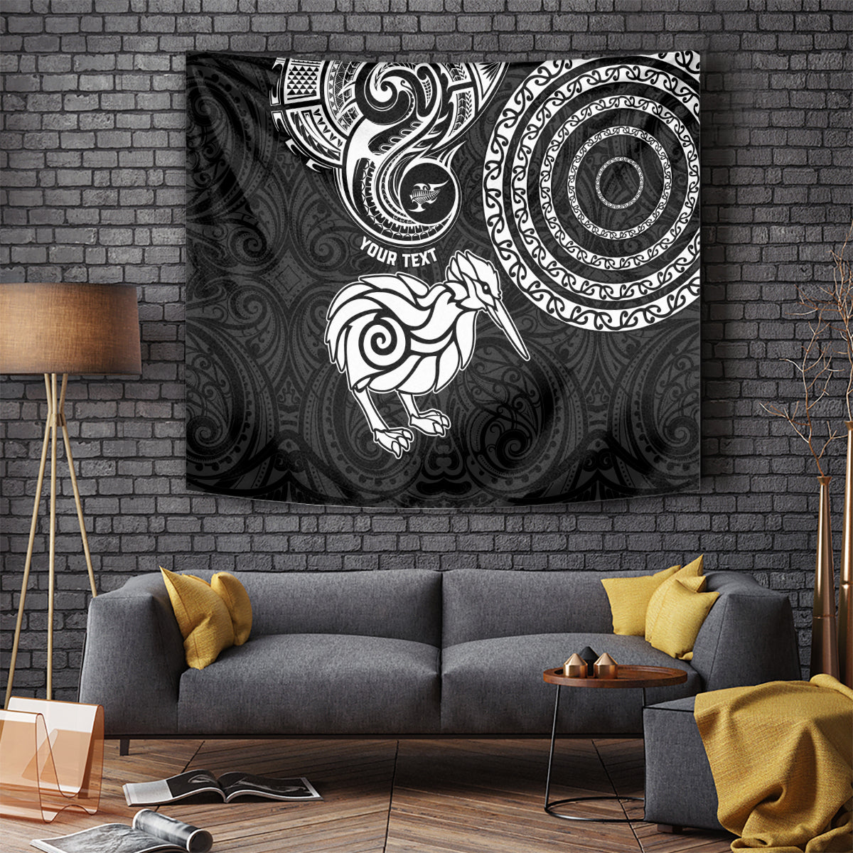 Personalised New Zealand Tapestry Stylized Kiwi Bird Tattoo Mix Koru Circle and Maori Ethnic Vibe LT03 Black - Polynesian Pride