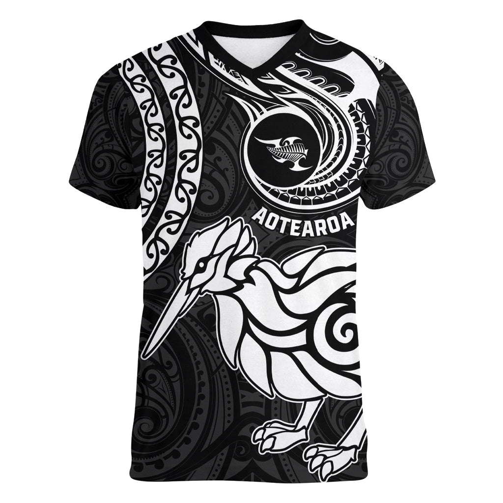 Personalised New Zealand Women V Neck T Shirt Stylized Kiwi Bird Tattoo Mix Koru Circle and Maori Ethnic Vibe LT03 Female Black - Polynesian Pride