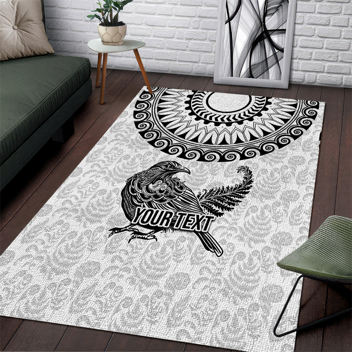 Custom New Zealand Area Rug Tui Bird and Koru Circle Mix Silver Fern Pattern LT03 White - Polynesian Pride