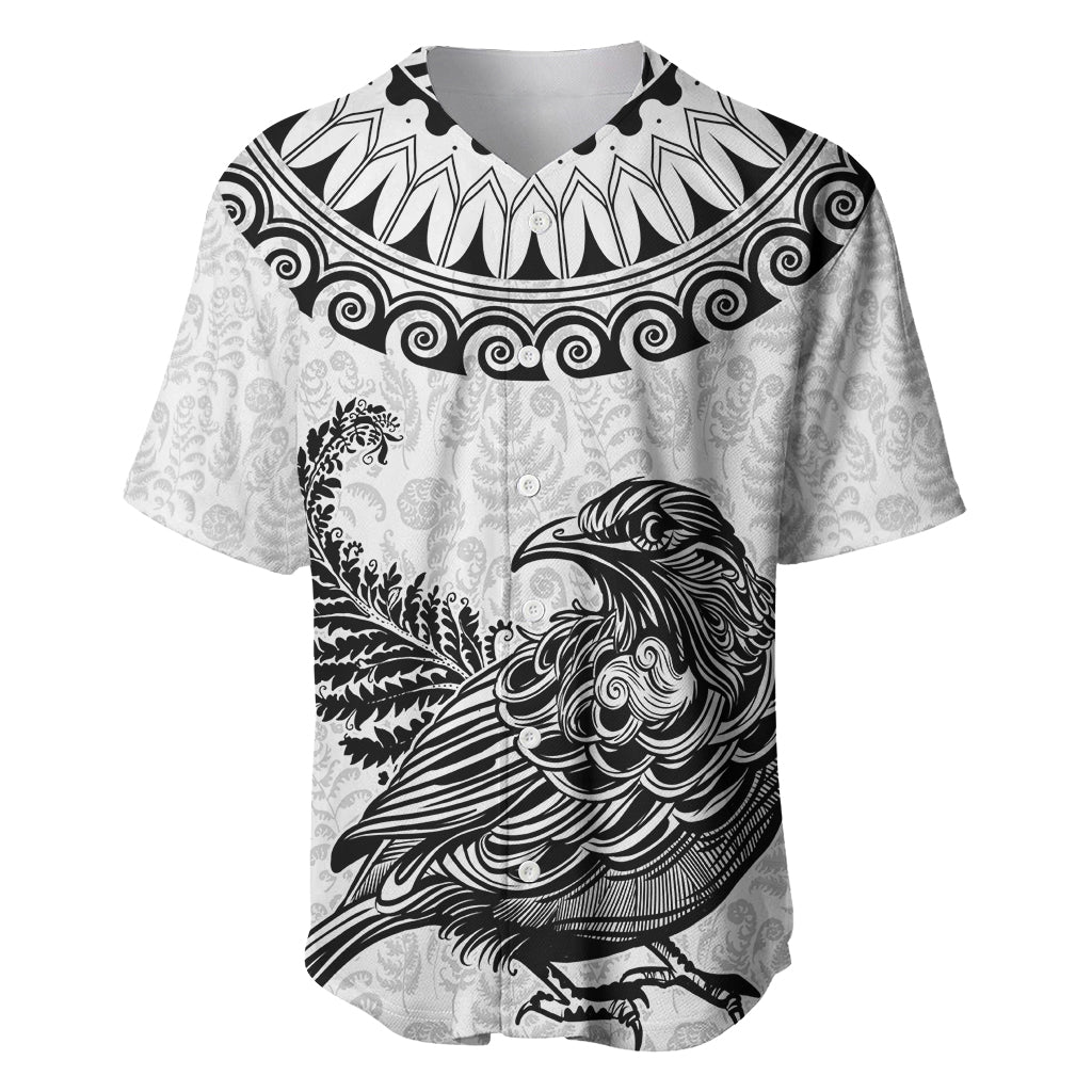 Custom New Zealand Baseball Jersey Tui Bird and Koru Circle Mix Silver Fern Pattern LT03 White - Polynesian Pride