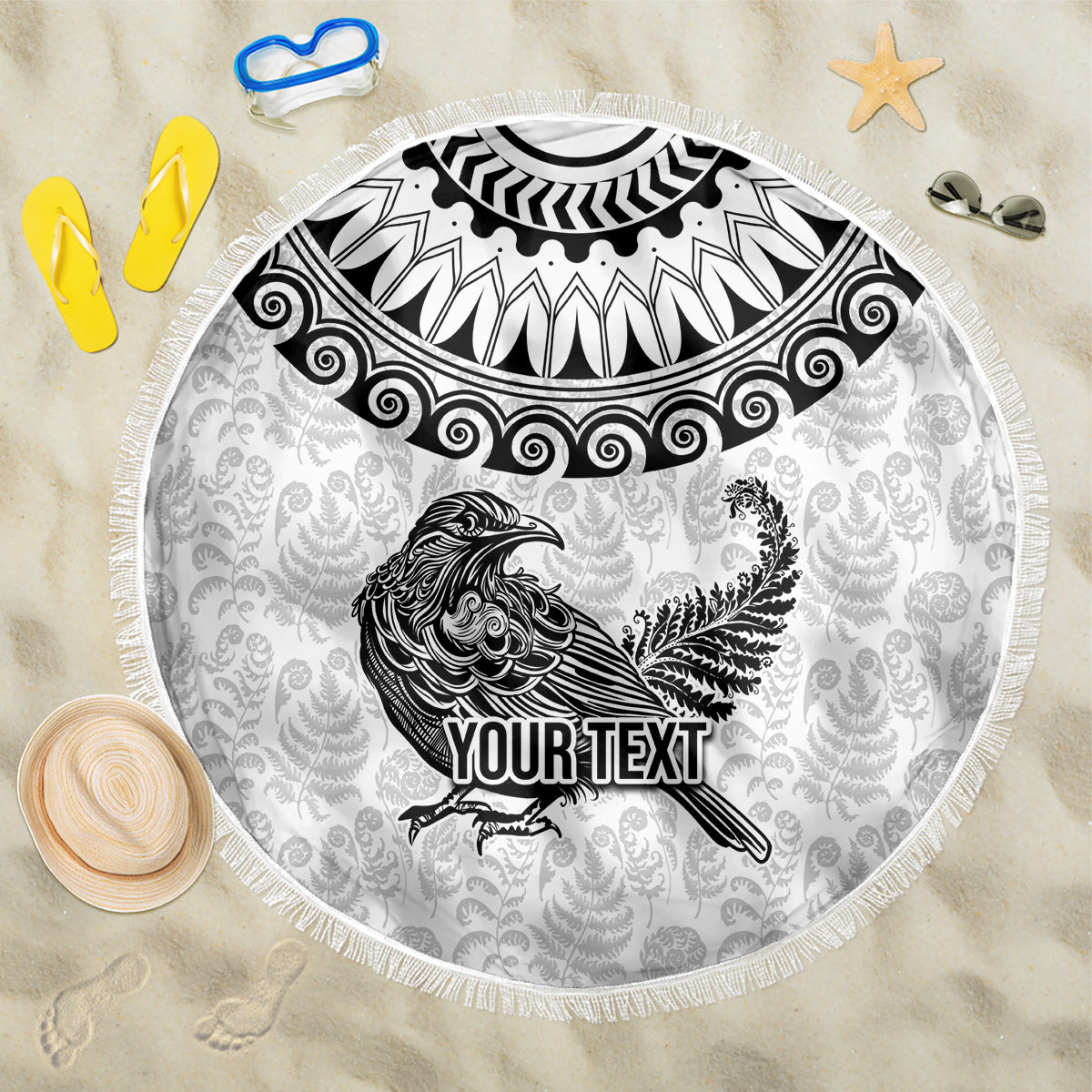 Custom New Zealand Beach Blanket Tui Bird and Koru Circle Mix Silver Fern Pattern LT03 One Size 150cm White - Polynesian Pride