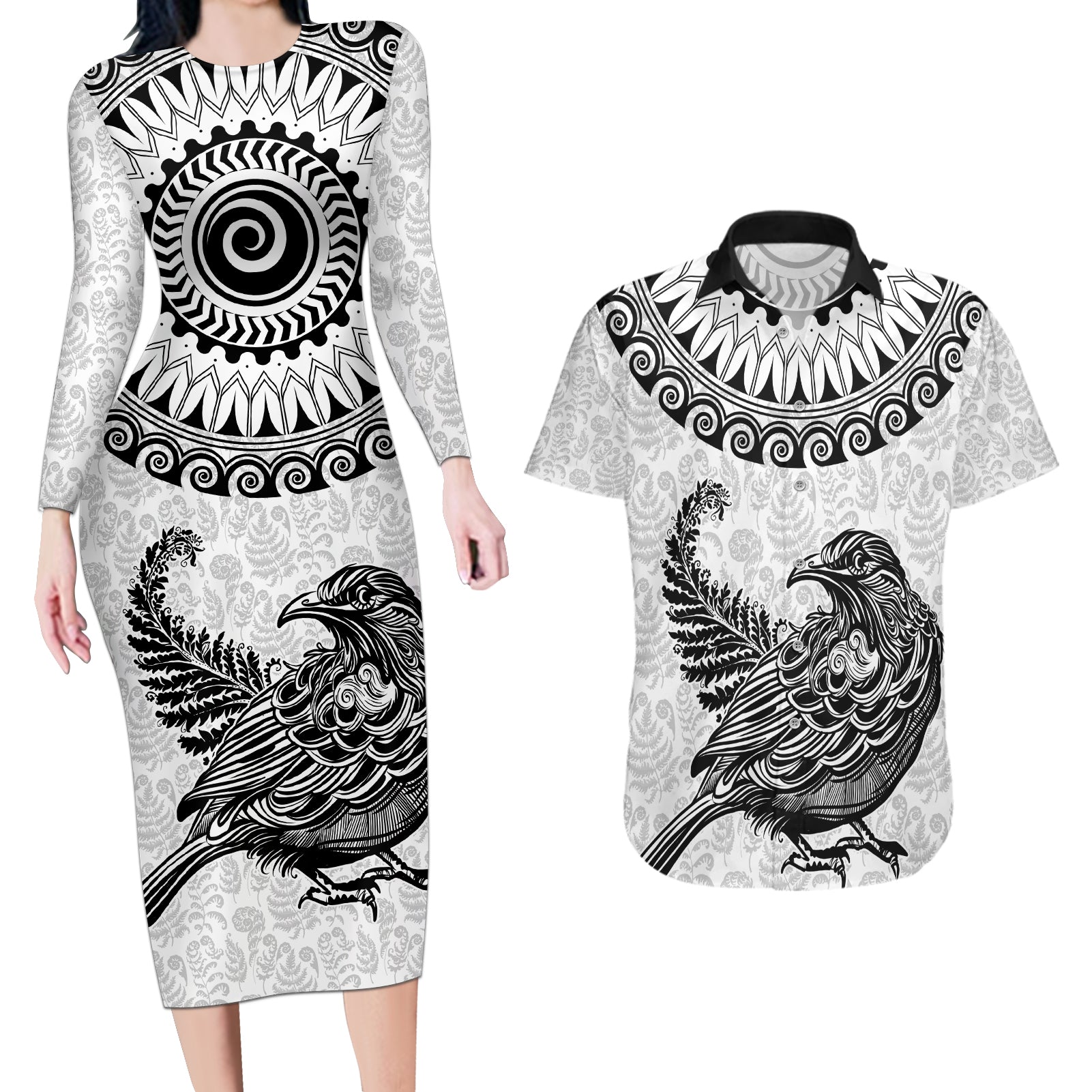 Custom New Zealand Couples Matching Long Sleeve Bodycon Dress and Hawaiian Shirt Tui Bird and Koru Circle Mix Silver Fern Pattern LT03 White - Polynesian Pride