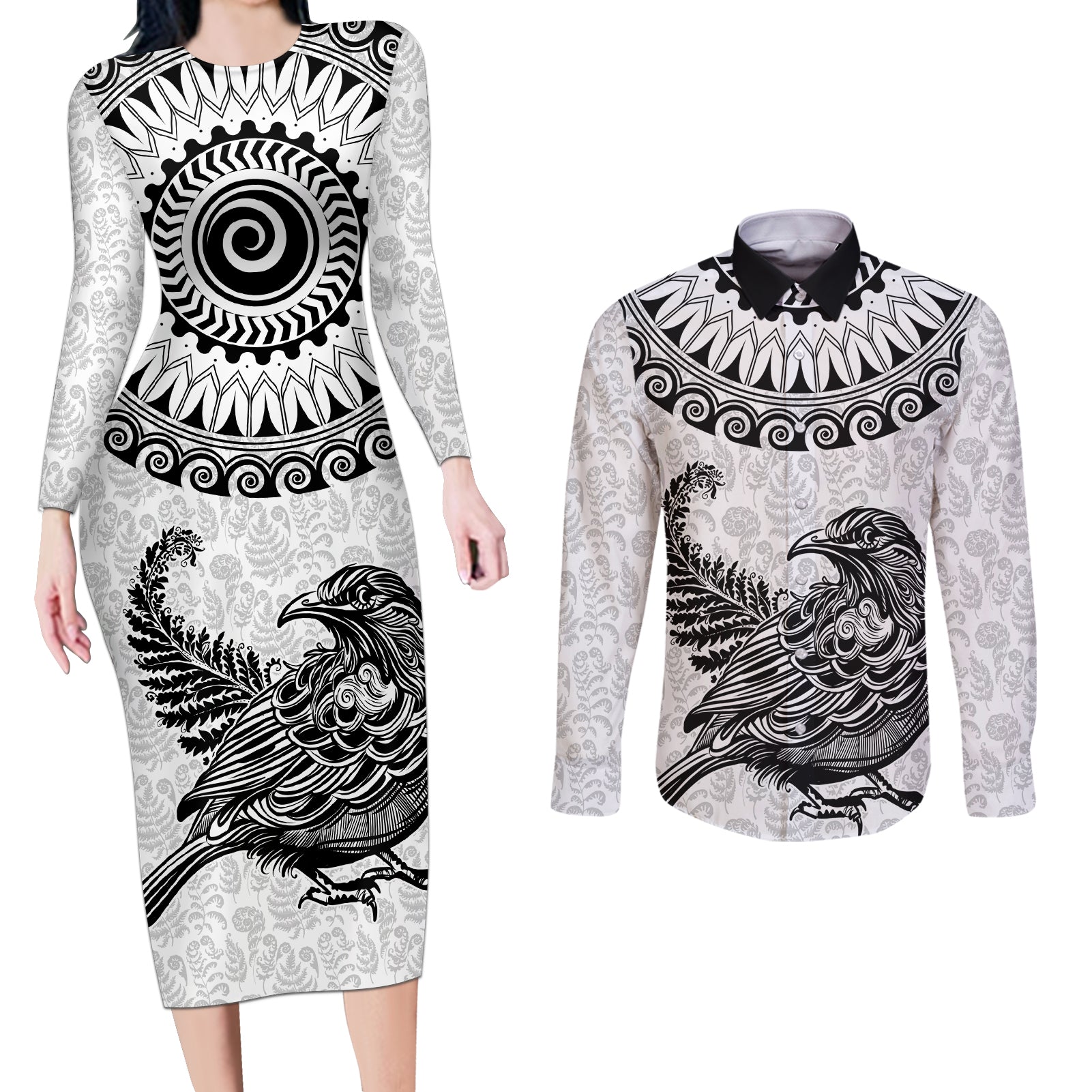 Custom New Zealand Couples Matching Long Sleeve Bodycon Dress and Long Sleeve Button Shirt Tui Bird and Koru Circle Mix Silver Fern Pattern LT03 White - Polynesian Pride