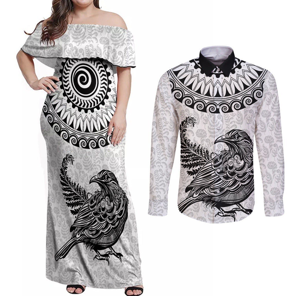 Custom New Zealand Couples Matching Off Shoulder Maxi Dress and Long Sleeve Button Shirt Tui Bird and Koru Circle Mix Silver Fern Pattern LT03 White - Polynesian Pride