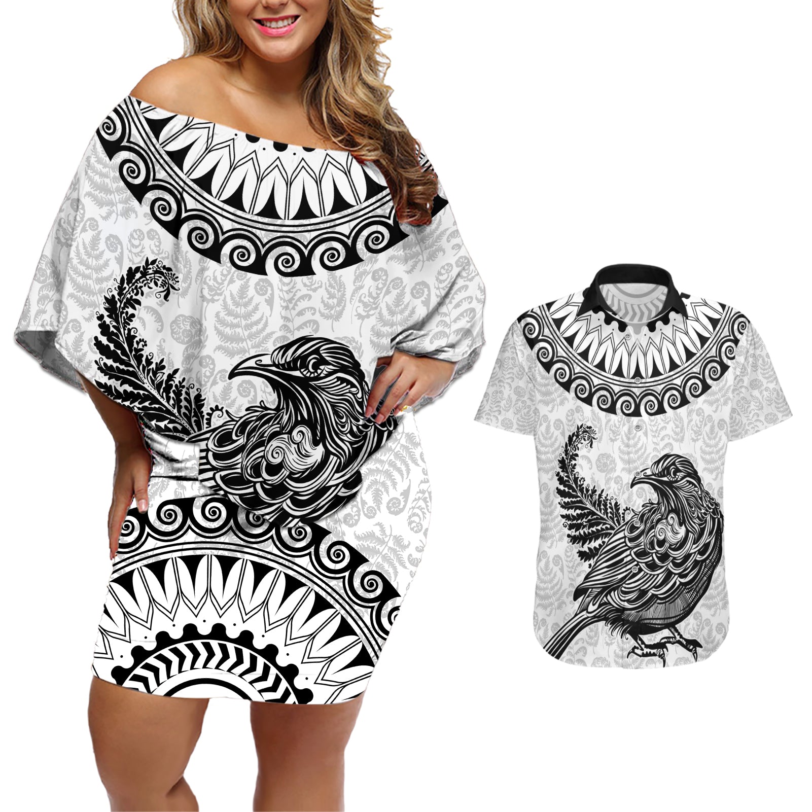 Custom New Zealand Couples Matching Off Shoulder Short Dress and Hawaiian Shirt Tui Bird and Koru Circle Mix Silver Fern Pattern LT03 White - Polynesian Pride