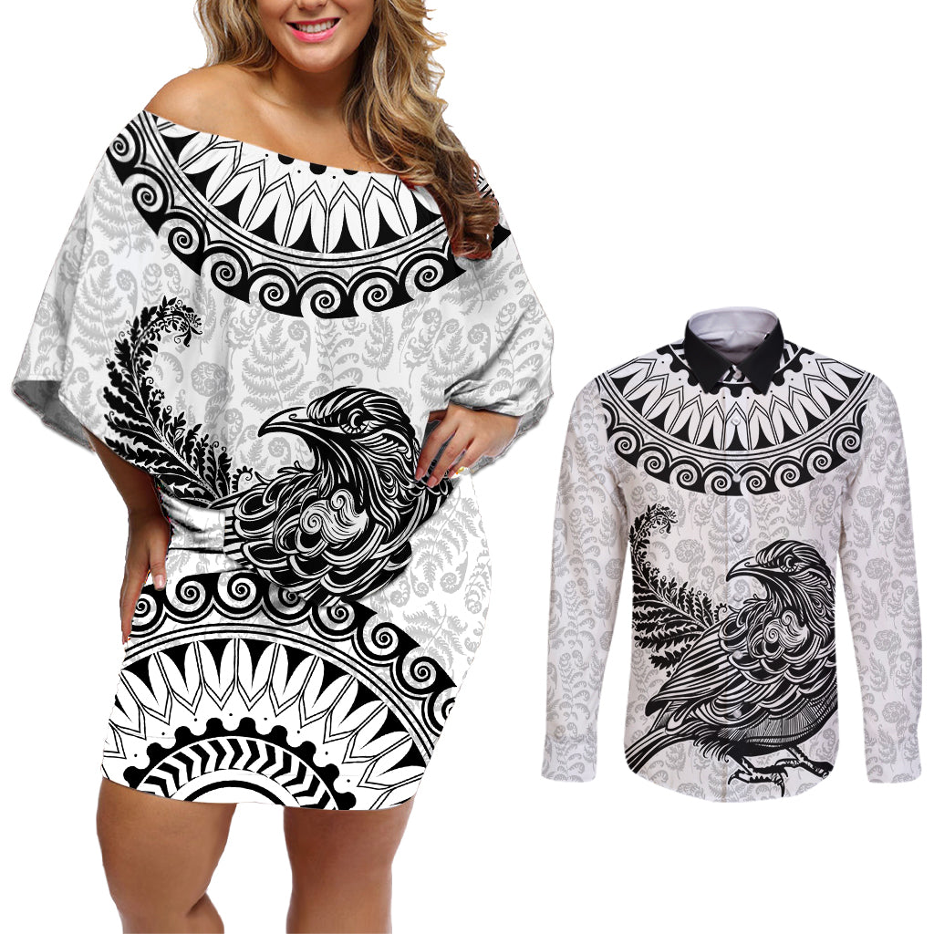 Custom New Zealand Couples Matching Off Shoulder Short Dress and Long Sleeve Button Shirt Tui Bird and Koru Circle Mix Silver Fern Pattern LT03 White - Polynesian Pride