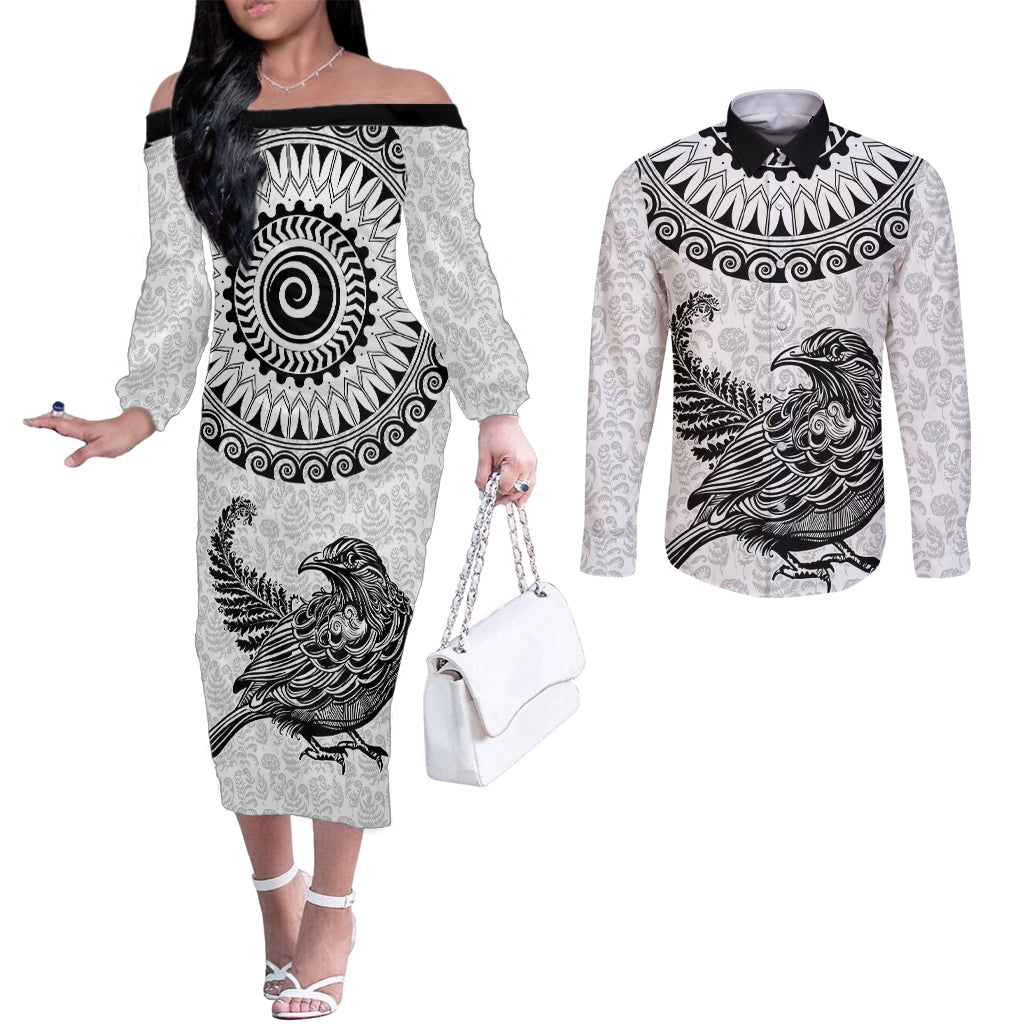 Custom New Zealand Couples Matching Off The Shoulder Long Sleeve Dress and Long Sleeve Button Shirt Tui Bird and Koru Circle Mix Silver Fern Pattern LT03 White - Polynesian Pride