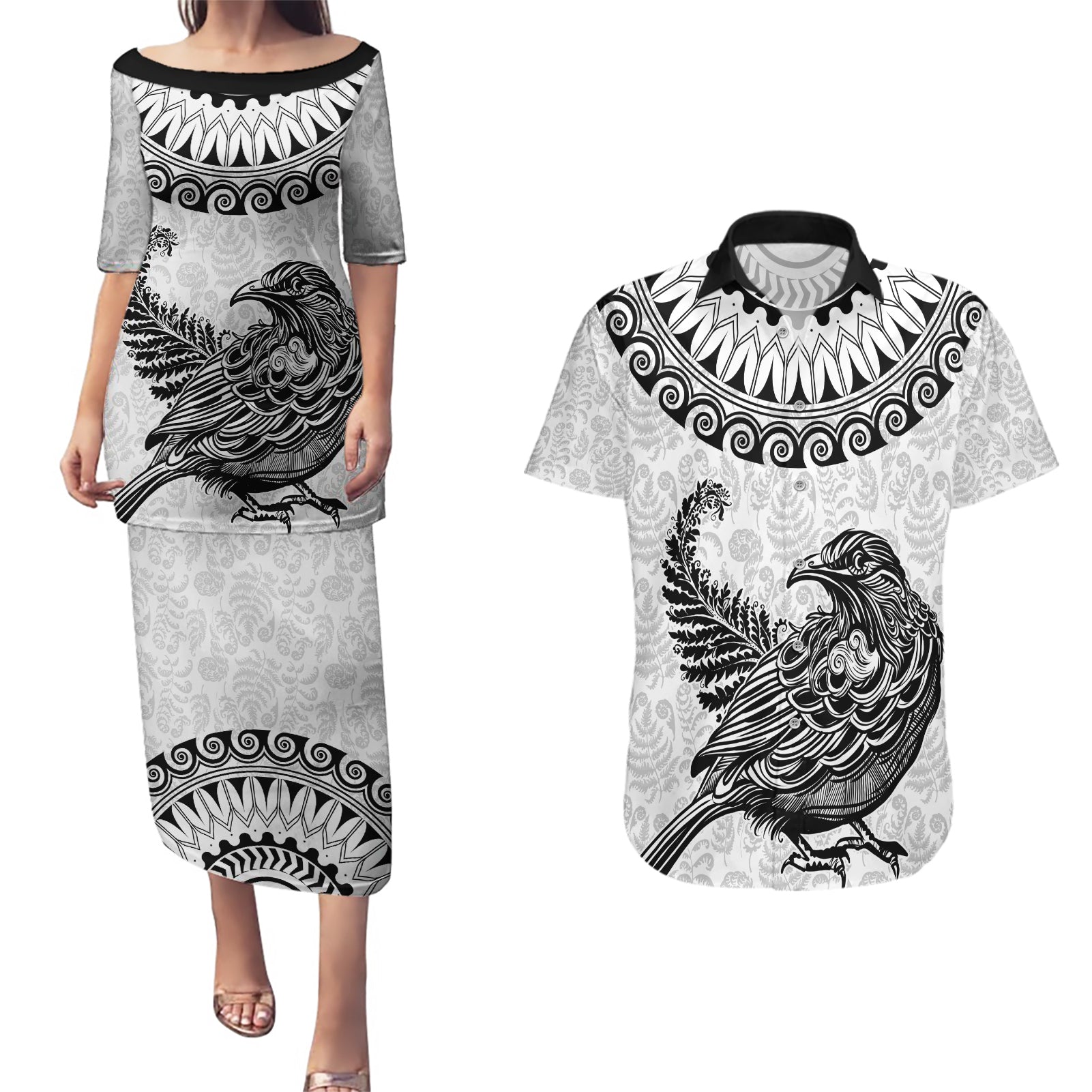 Custom New Zealand Couples Matching Puletasi Dress and Hawaiian Shirt Tui Bird and Koru Circle Mix Silver Fern Pattern LT03 White - Polynesian Pride