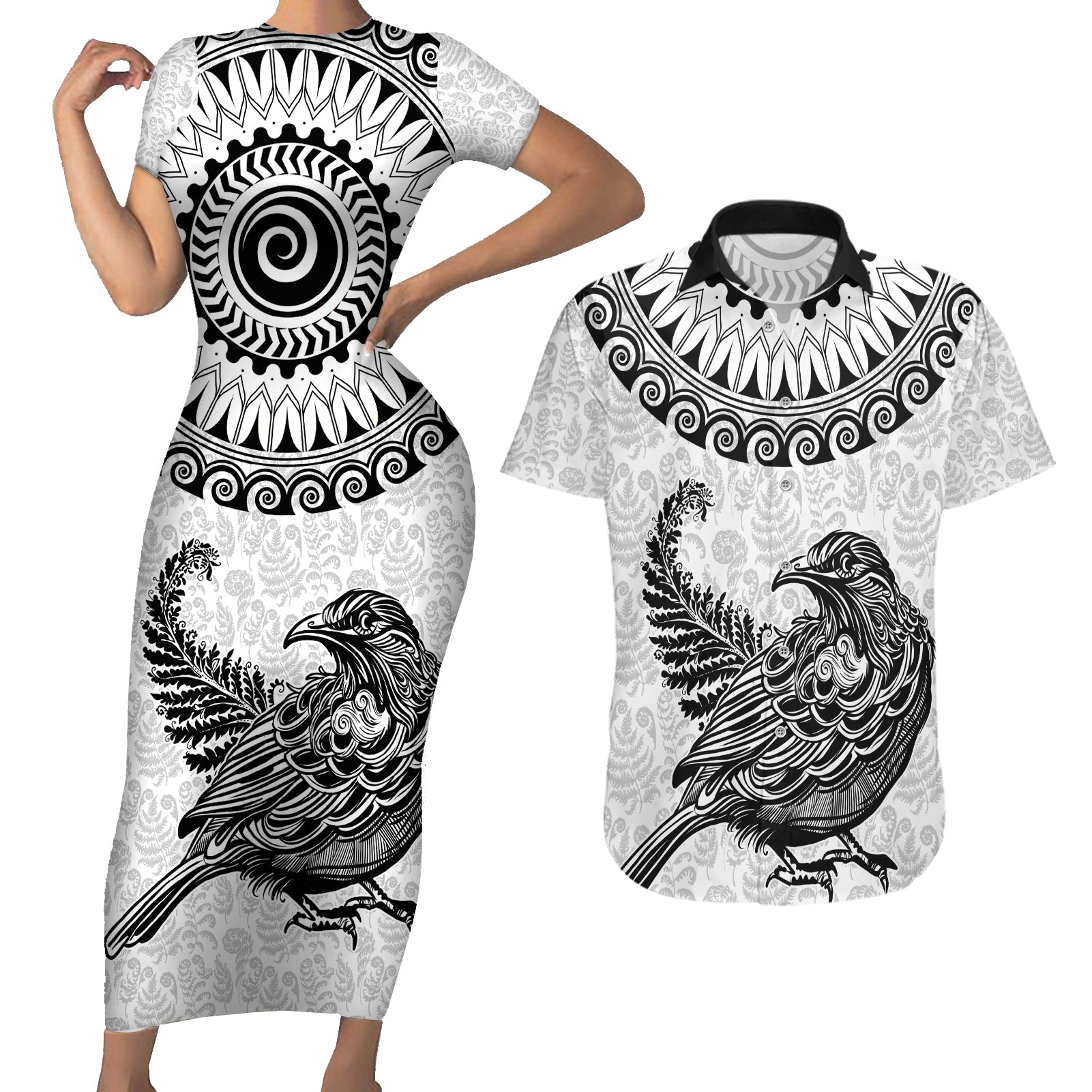 Custom New Zealand Couples Matching Short Sleeve Bodycon Dress and Hawaiian Shirt Tui Bird and Koru Circle Mix Silver Fern Pattern LT03 White - Polynesian Pride