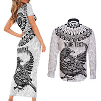 Custom New Zealand Couples Matching Short Sleeve Bodycon Dress and Long Sleeve Button Shirt Tui Bird and Koru Circle Mix Silver Fern Pattern LT03 - Polynesian Pride