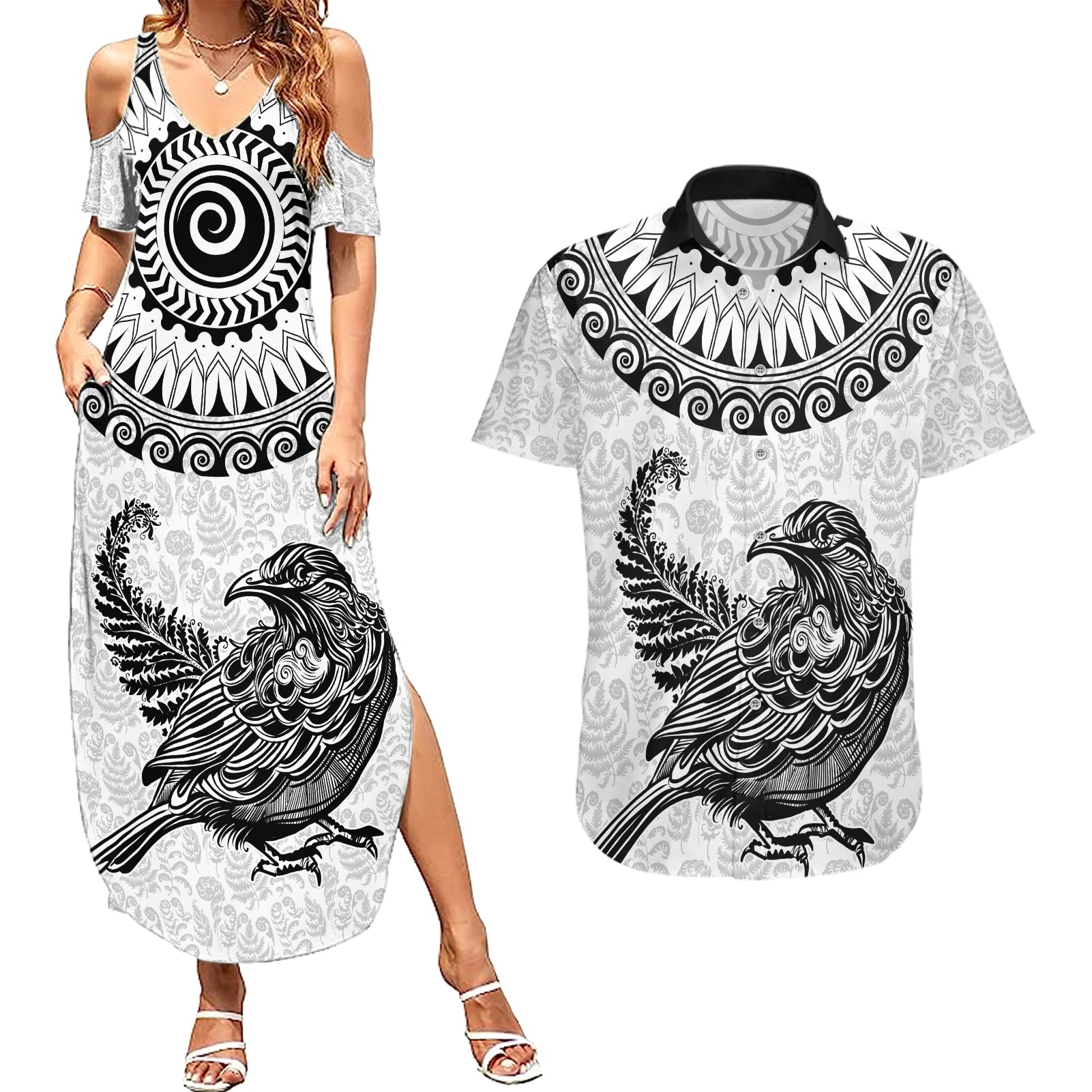 Custom New Zealand Couples Matching Summer Maxi Dress and Hawaiian Shirt Tui Bird and Koru Circle Mix Silver Fern Pattern LT03 White - Polynesian Pride