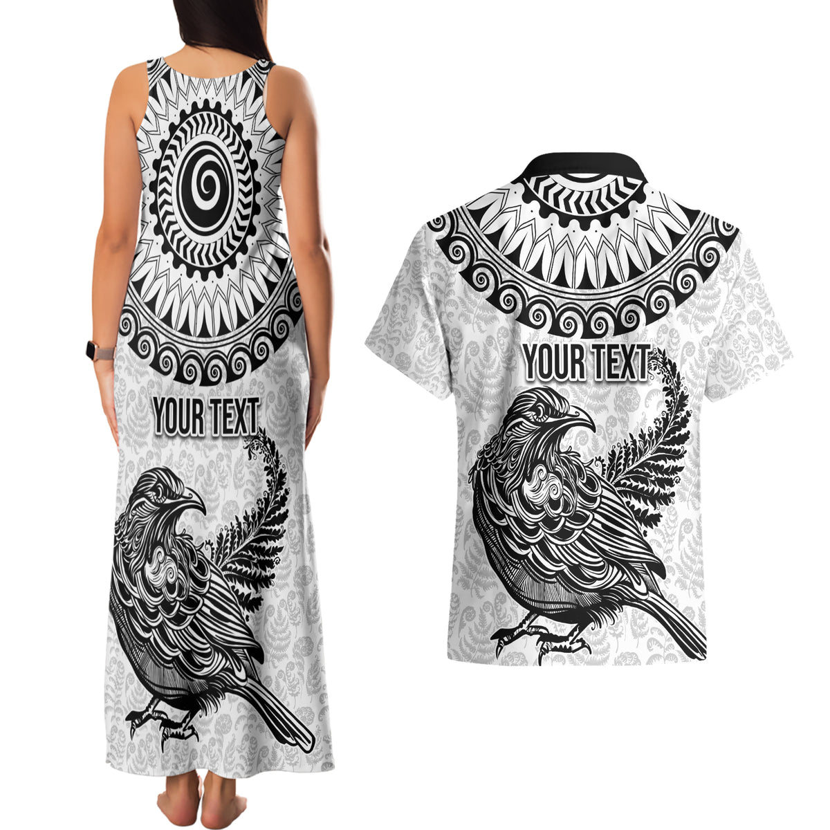 Custom New Zealand Couples Matching Tank Maxi Dress and Hawaiian Shirt Tui Bird and Koru Circle Mix Silver Fern Pattern LT03 - Polynesian Pride