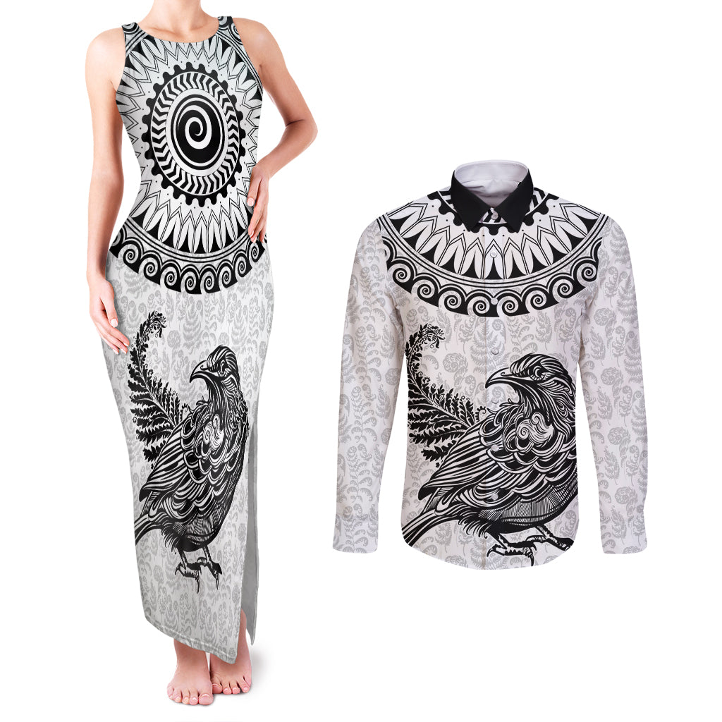 Custom New Zealand Couples Matching Tank Maxi Dress and Long Sleeve Button Shirt Tui Bird and Koru Circle Mix Silver Fern Pattern LT03 White - Polynesian Pride