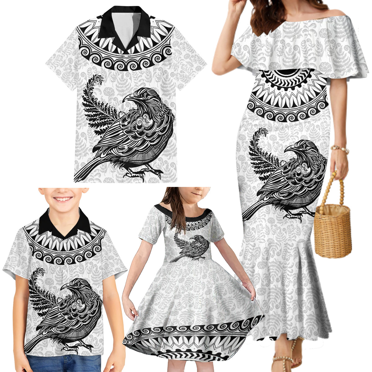 Custom New Zealand Family Matching Mermaid Dress and Hawaiian Shirt Tui Bird and Koru Circle Mix Silver Fern Pattern LT03 - Polynesian Pride