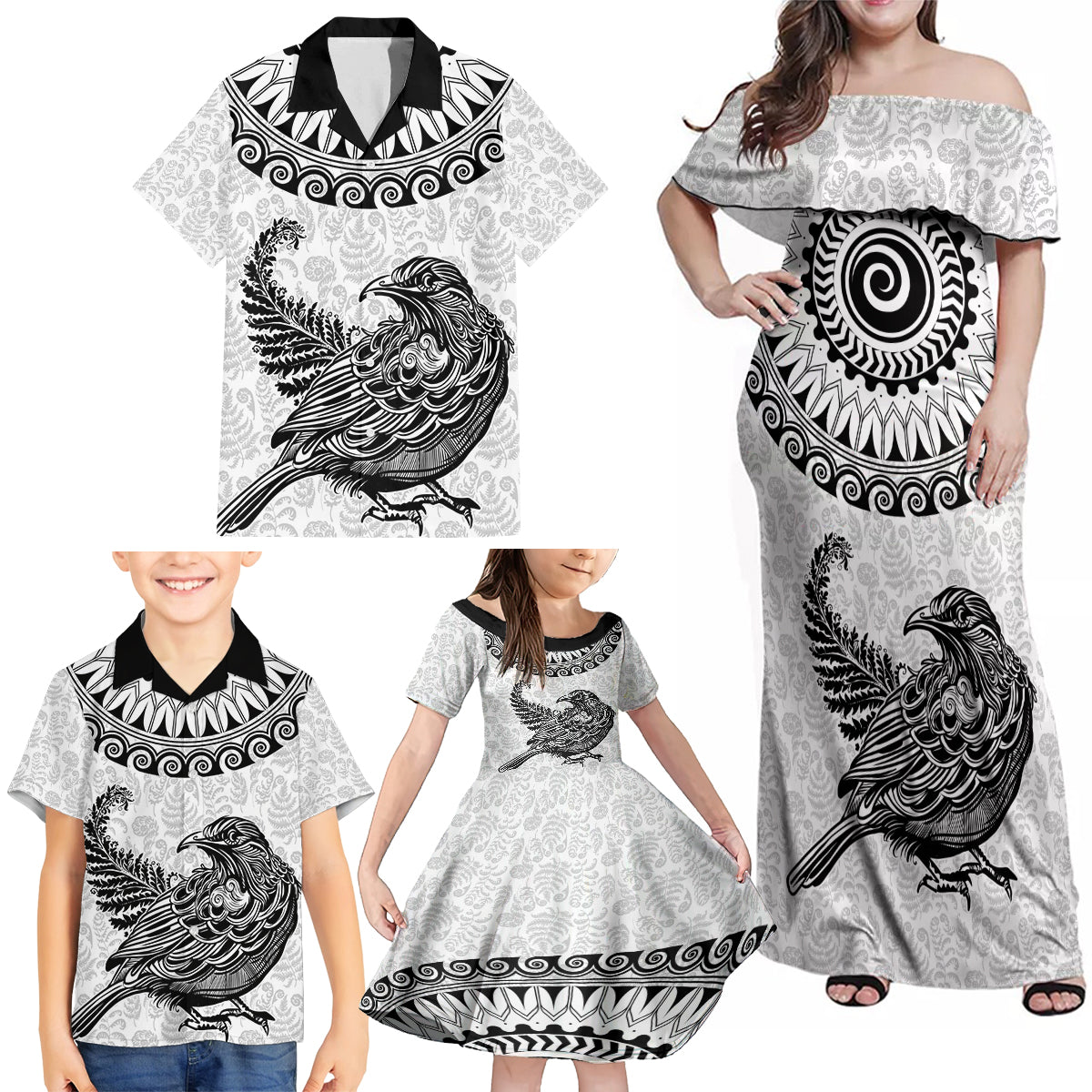 Custom New Zealand Family Matching Off Shoulder Maxi Dress and Hawaiian Shirt Tui Bird and Koru Circle Mix Silver Fern Pattern LT03 - Polynesian Pride