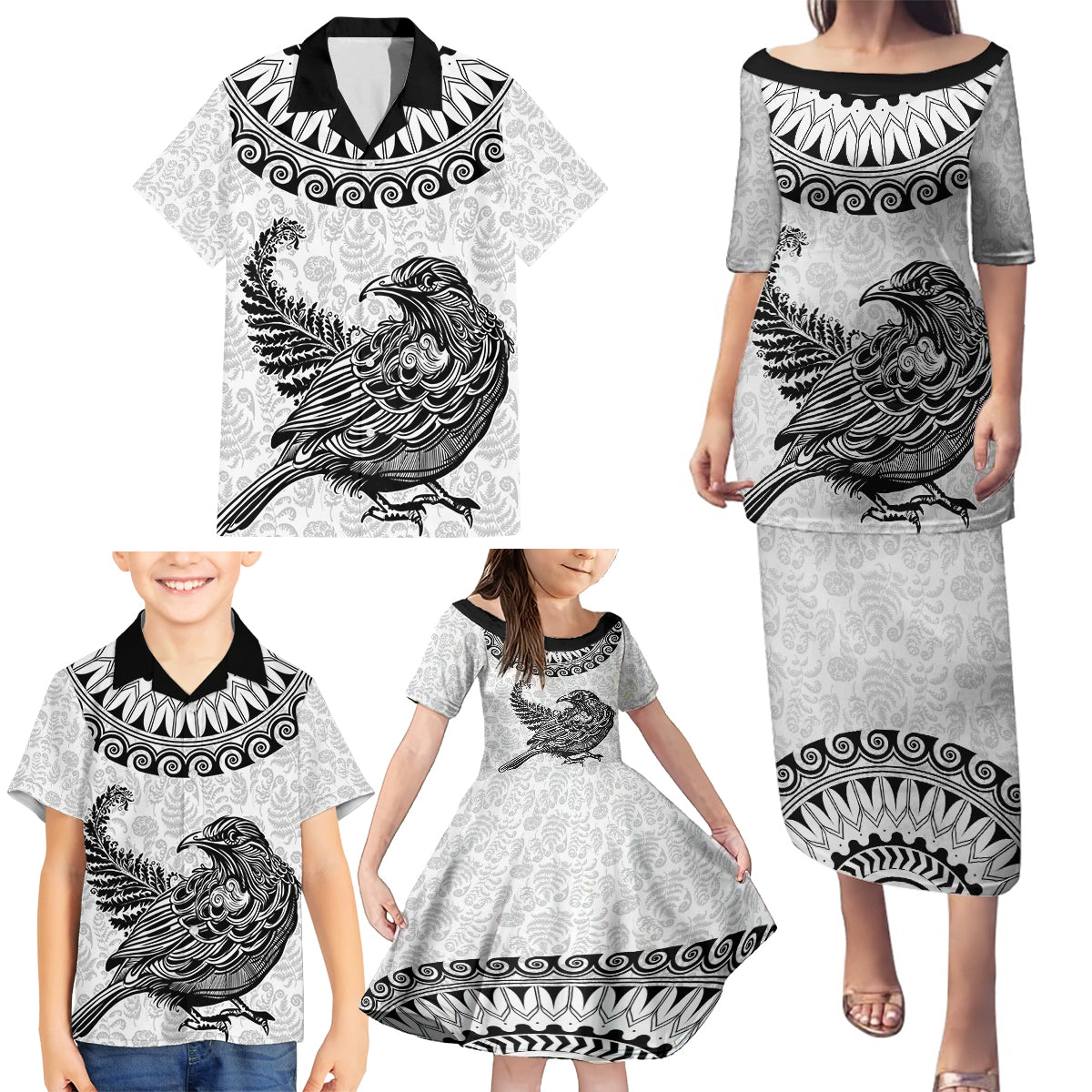 Custom New Zealand Family Matching Puletasi Dress and Hawaiian Shirt Tui Bird and Koru Circle Mix Silver Fern Pattern LT03 - Polynesian Pride