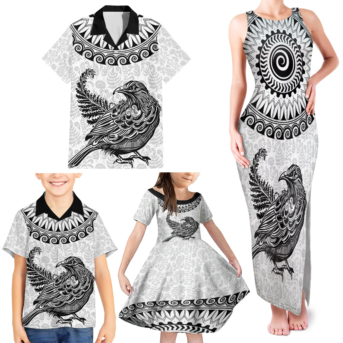 Custom New Zealand Family Matching Tank Maxi Dress and Hawaiian Shirt Tui Bird and Koru Circle Mix Silver Fern Pattern LT03 - Polynesian Pride