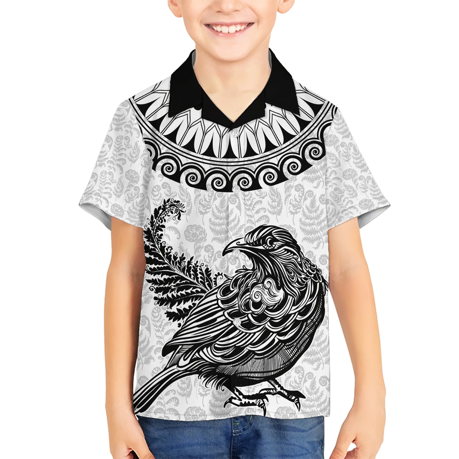 Custom New Zealand Kid Hawaiian Shirt Tui Bird and Koru Circle Mix Silver Fern Pattern LT03 Kid White - Polynesian Pride