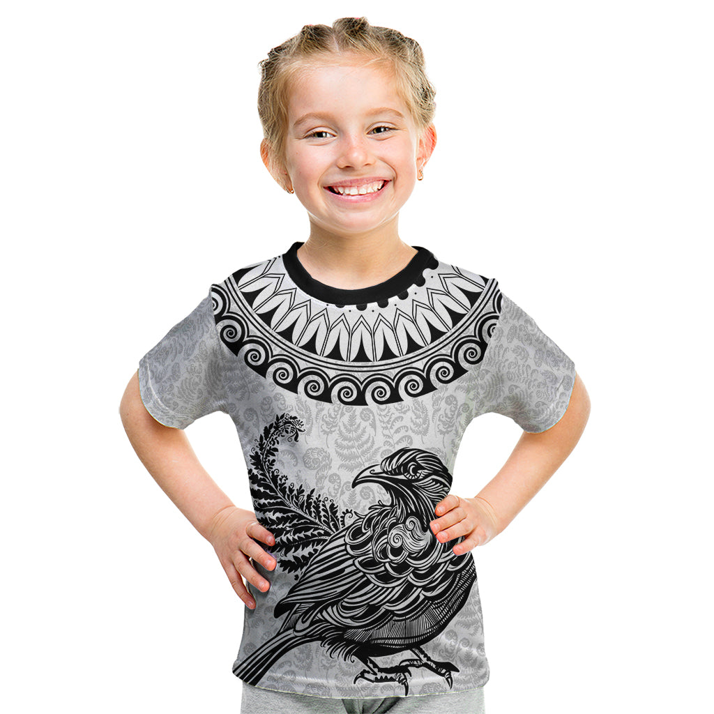 Custom New Zealand Kid T Shirt Tui Bird and Koru Circle Mix Silver Fern Pattern LT03 White - Polynesian Pride