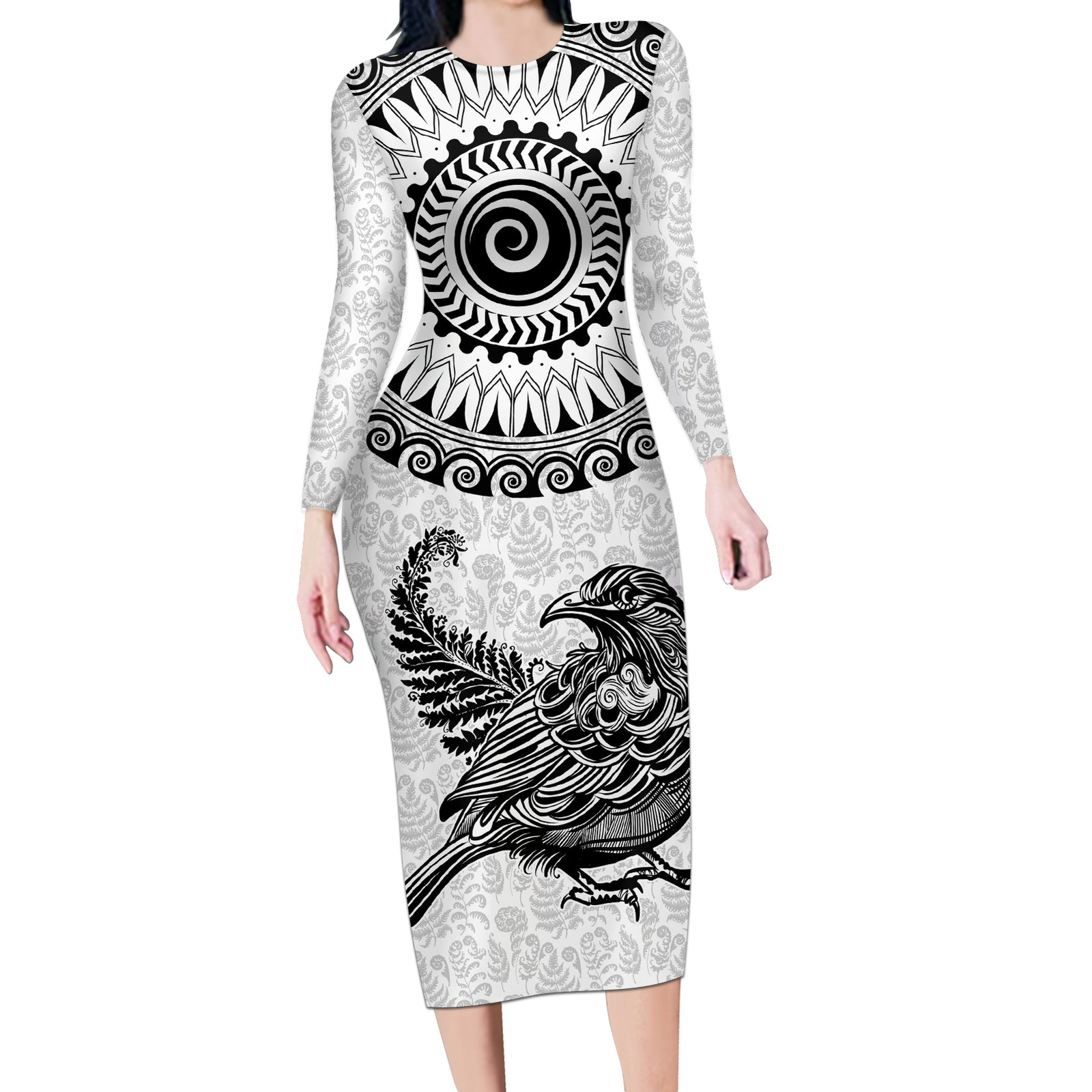 Custom New Zealand Long Sleeve Bodycon Dress Tui Bird and Koru Circle Mix Silver Fern Pattern LT03 Long Dress White - Polynesian Pride