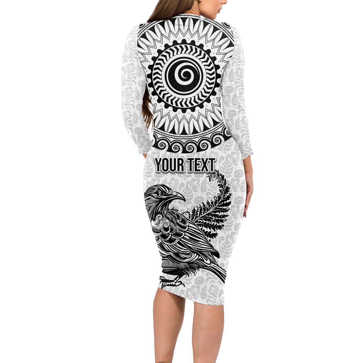 Custom New Zealand Long Sleeve Bodycon Dress Tui Bird and Koru Circle Mix Silver Fern Pattern LT03 - Polynesian Pride