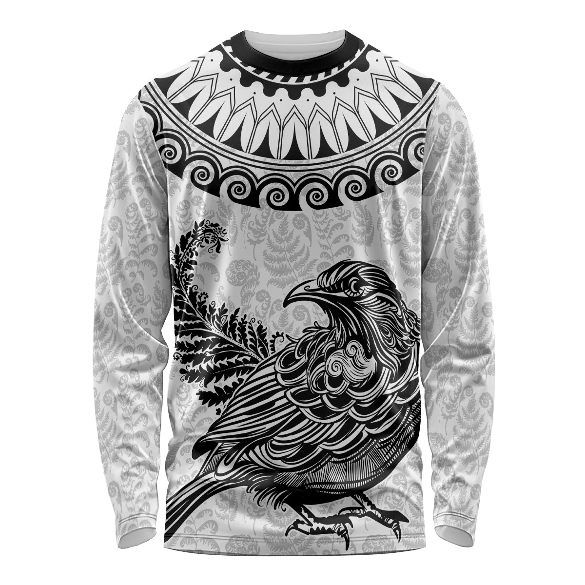 Custom New Zealand Long Sleeve Shirt Tui Bird and Koru Circle Mix Silver Fern Pattern LT03 Unisex White - Polynesian Pride