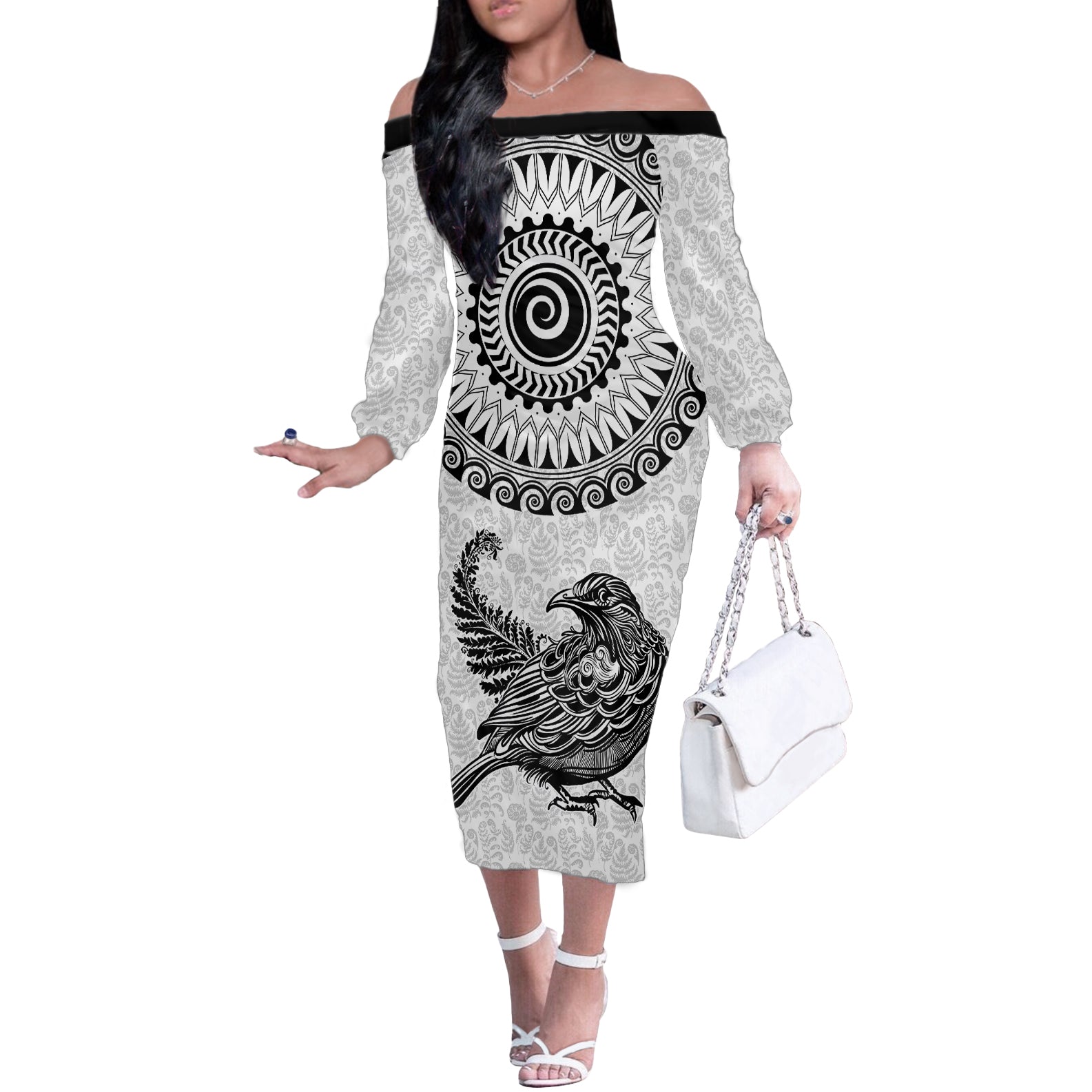 Custom New Zealand Off The Shoulder Long Sleeve Dress Tui Bird and Koru Circle Mix Silver Fern Pattern LT03 Women White - Polynesian Pride