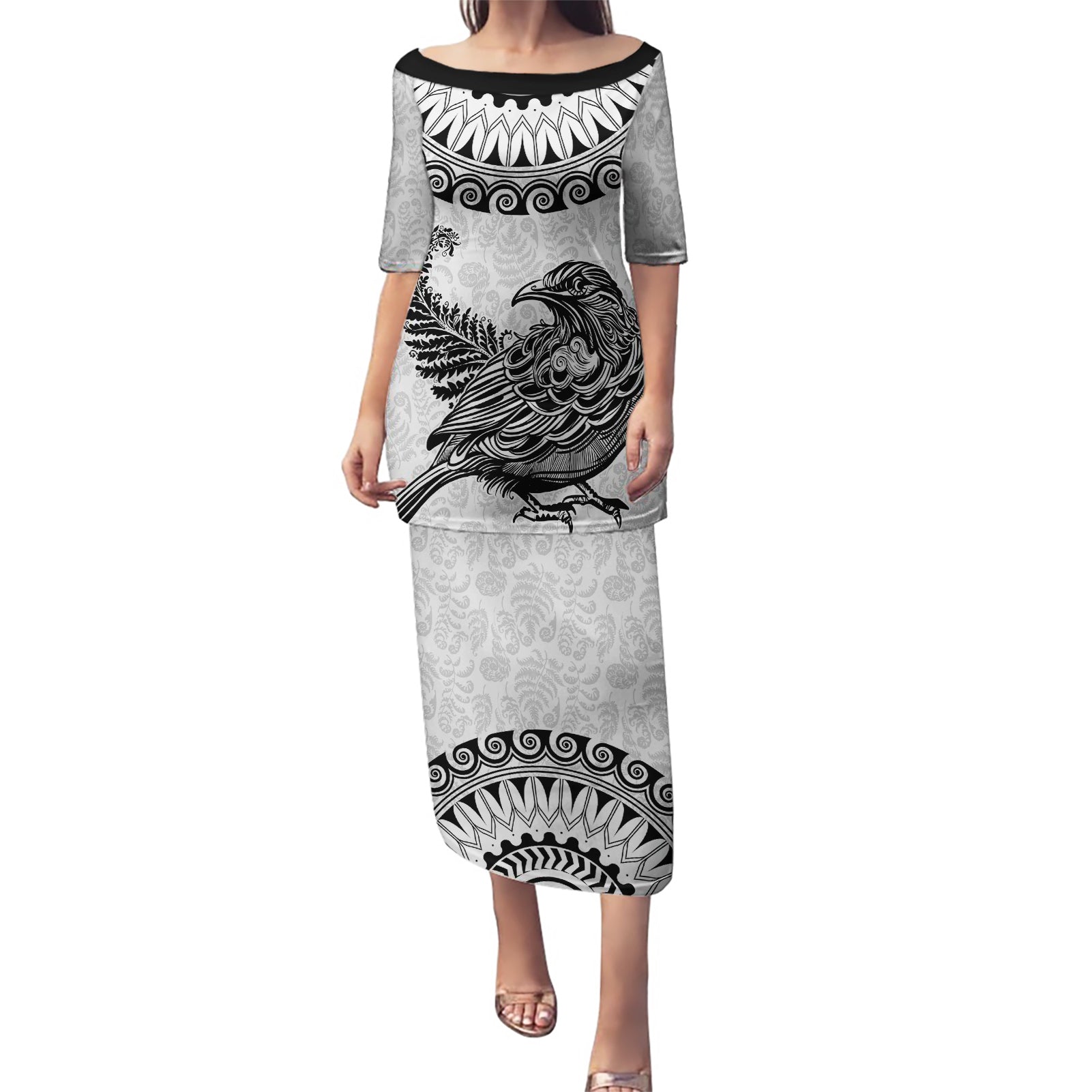 Custom New Zealand Puletasi Tui Bird and Koru Circle Mix Silver Fern Pattern LT03 Long Dress White - Polynesian Pride